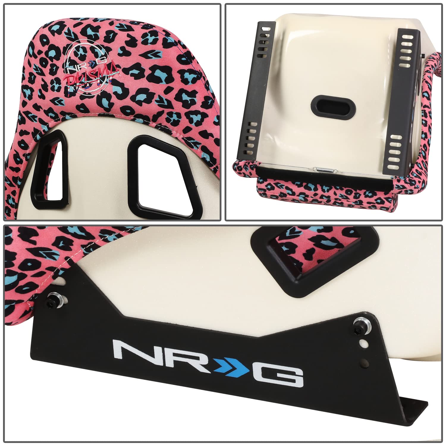NRG Innovations Prisma FRP-303-PK-SAVAGE Fixed Back Bucket Racing Seat with Bottom Mount Bracket,Pink Savage Cheetah/White Pearl Back