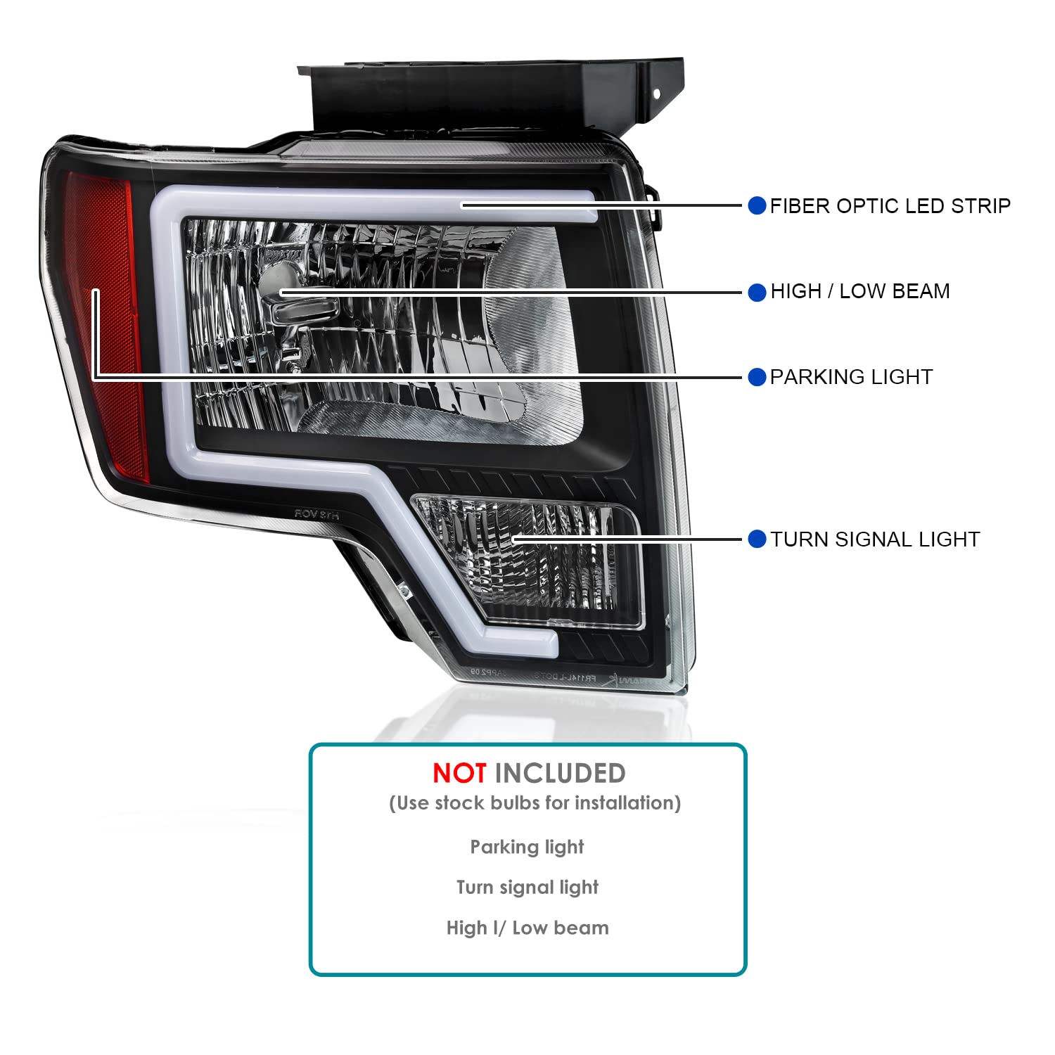 Black LED Tube Headlights SPEC-D TUNING Compatible with 2009-2014 Ford F150 F-150, Left + Right Pair Headlamps Assembly