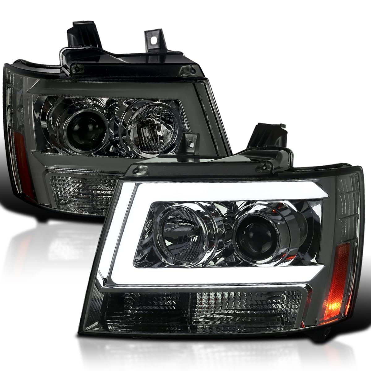 Smoke LED Light Bar Projector Headlights SPEC-D TUNING Compatible with 2007-2014 Chevy Avalanche, Tahoe, Suburban, Left + Right Pair Headlamps Assembly