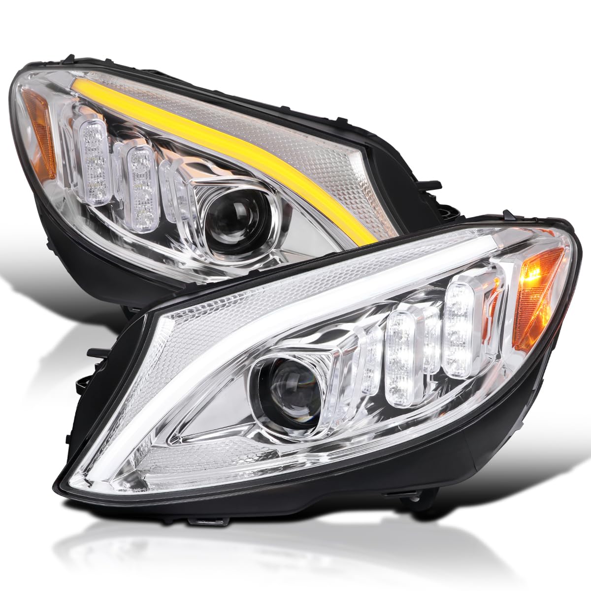 Chrome Projector Headlights SPEC-D TUNING w/Switchback LED Strips and Sequential Turn Signal Compatible with 2015-2018 Mercedes-Benz C-Class W205