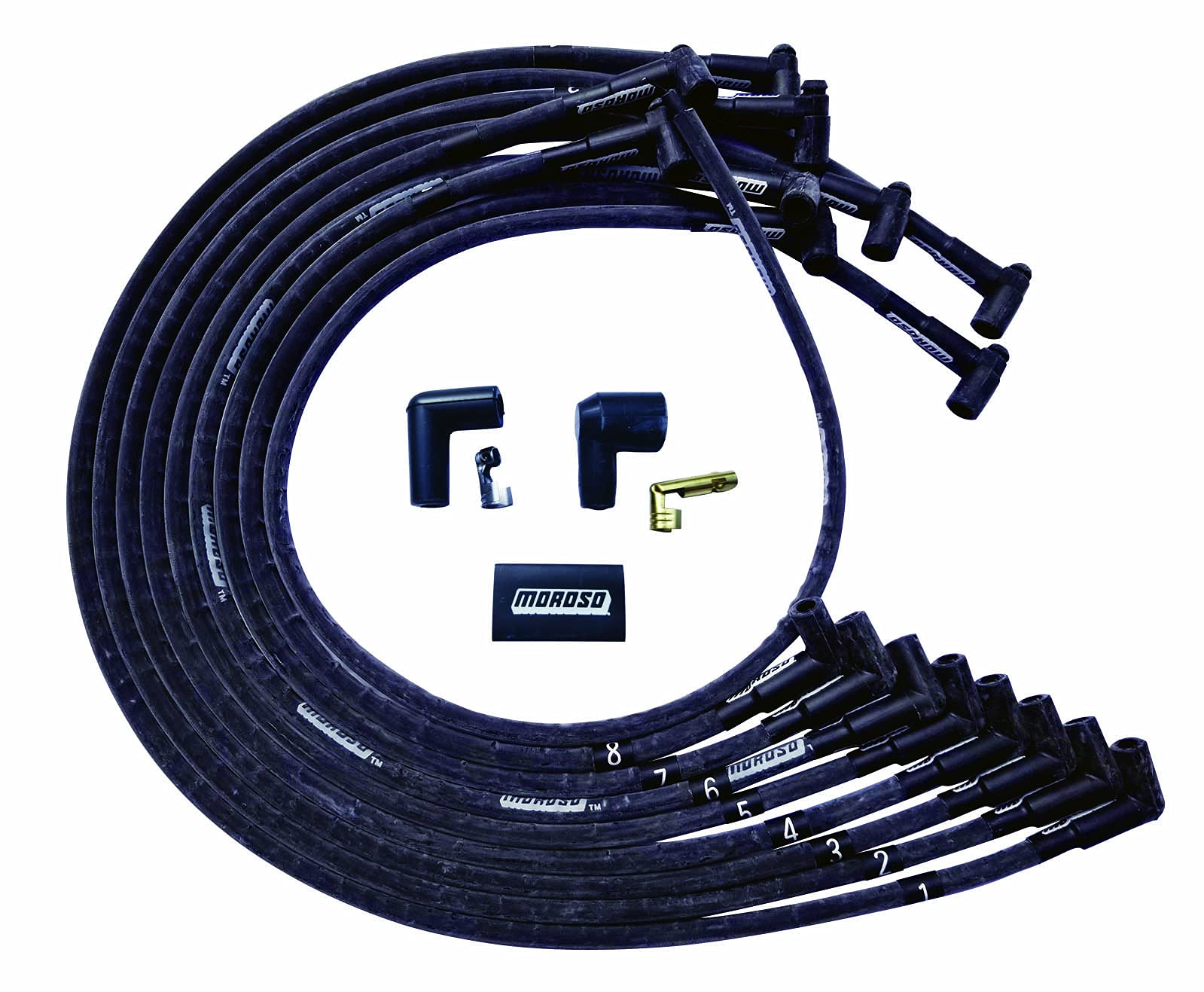Moroso Ultra Series 51543 Black Sleeved Spark Plug Wires, Big Block Chevy, Under Header Routing, 90 Degree Plug Ends, HEI Distributor