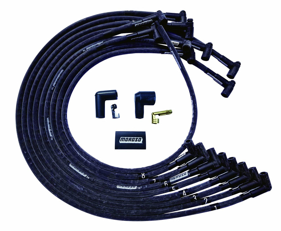 Moroso Ultra Series 51543 Black Sleeved Spark Plug Wires, Big Block Chevy, Under Header Routing, 90 Degree Plug Ends, HEI Distributor
