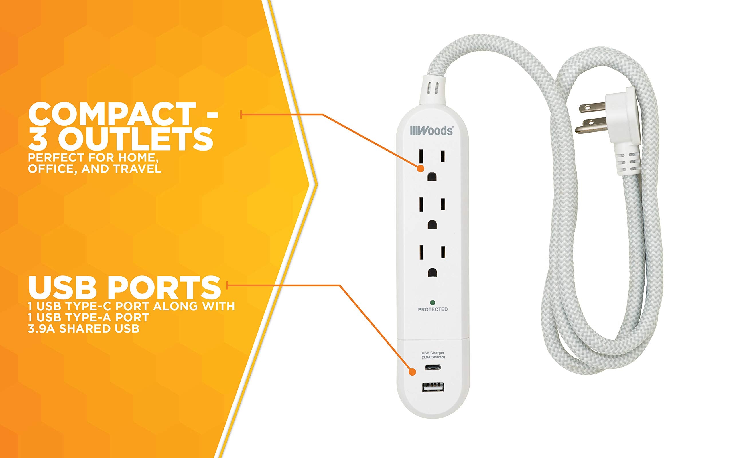3-Outlet Surge Protector 41026 with 3.9A USB-A & USB-C Charger, 250 Joules of Surge Protection and 4' Braided Fabric Cord