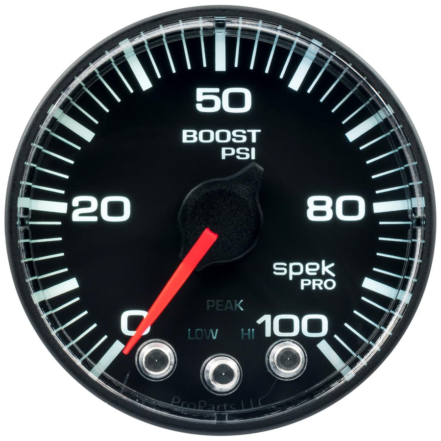 Gauge AUTO METER P305328 Boost (Spek-Pro 2 1/16", 100Psi, Stepper Motorwith Peak & Warn, Blk/Blk, Spek-Pro)