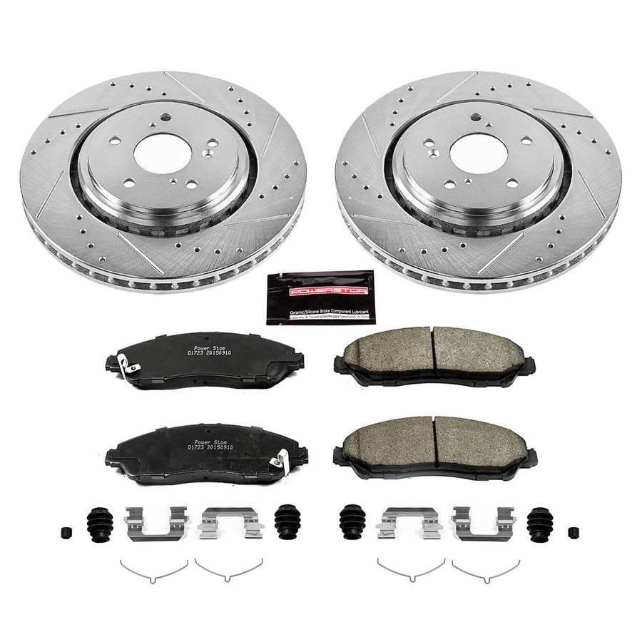 Power Stop K6957 Z23 Carbon Fiber Brake Pads Front with Drilled & Slotted Brake Rotors Kit For Acura MDX 2014-2016 [Model Specific]