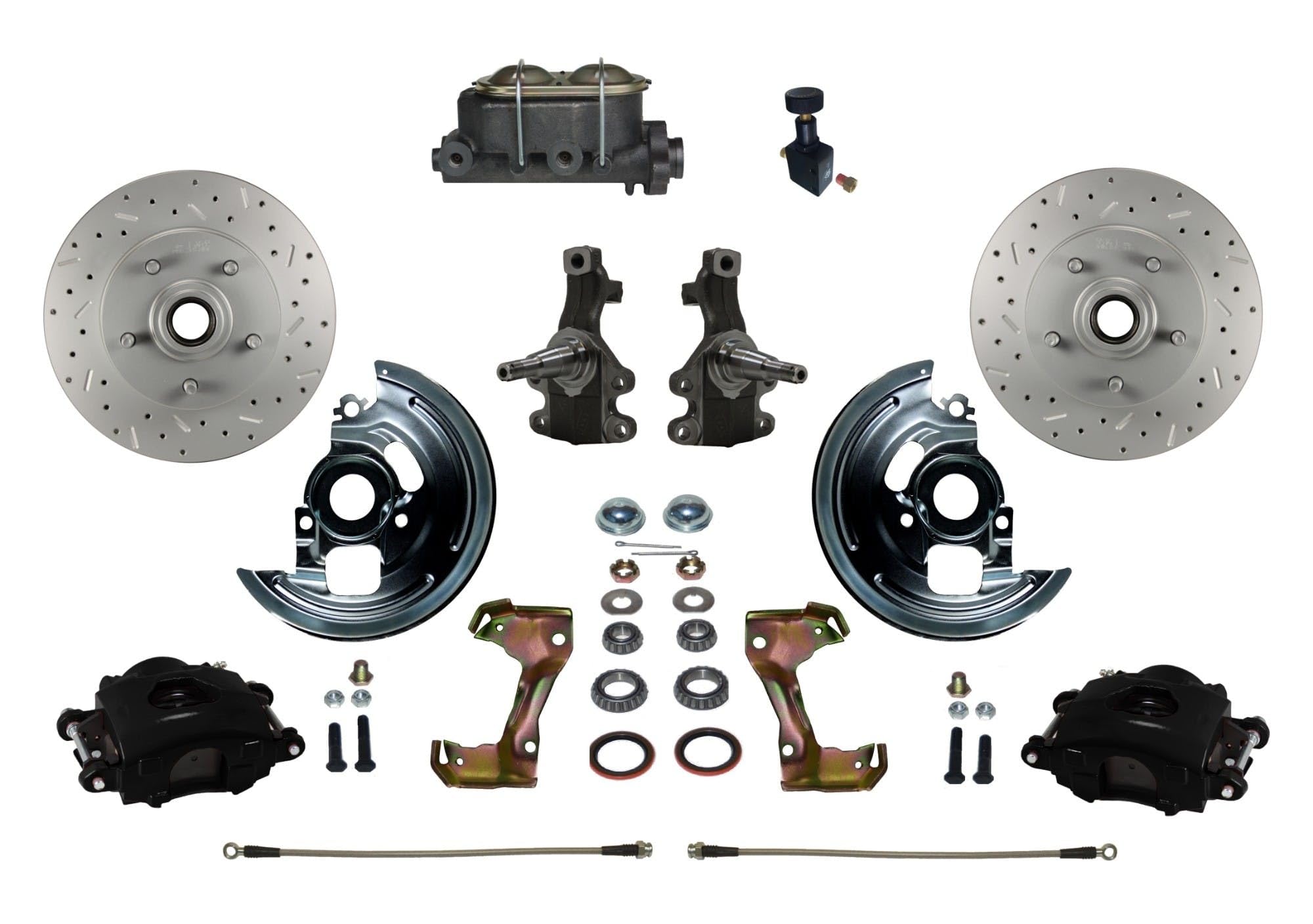BRAKES LEED Manual Front Disc Brake Kit 2" Drop Spindle Drilled And Slotted Rotors Black Powder Coated Calipers Cast Iron M/C Adjustable Proportioning Valve
