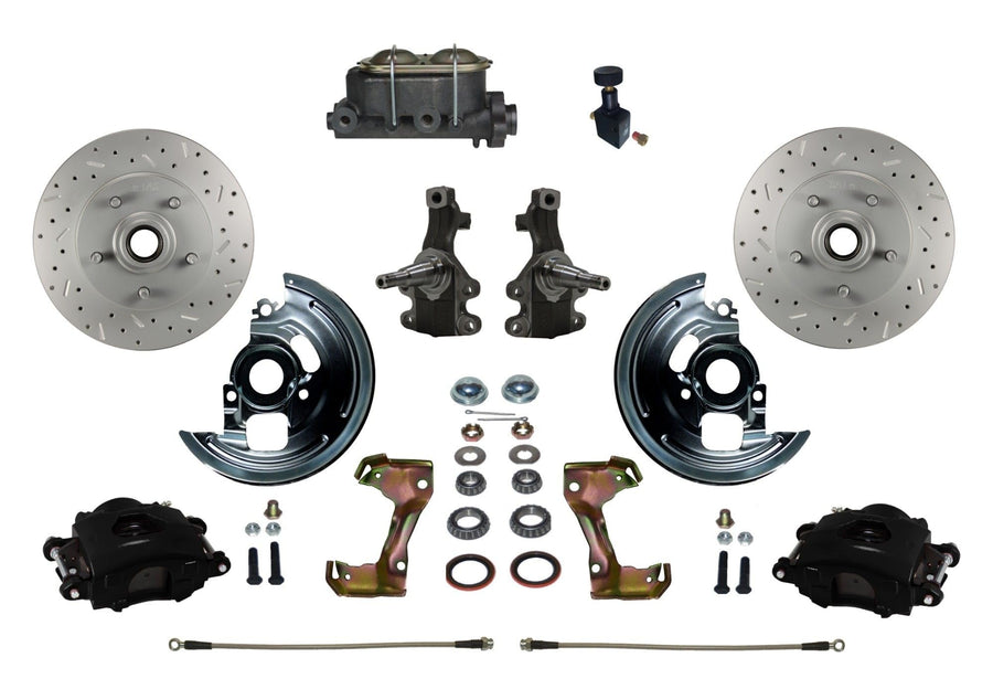 BRAKES LEED Manual Front Disc Brake Kit 2" Drop Spindle Drilled And Slotted Rotors Black Powder Coated Calipers Cast Iron M/C Adjustable Proportioning Valve