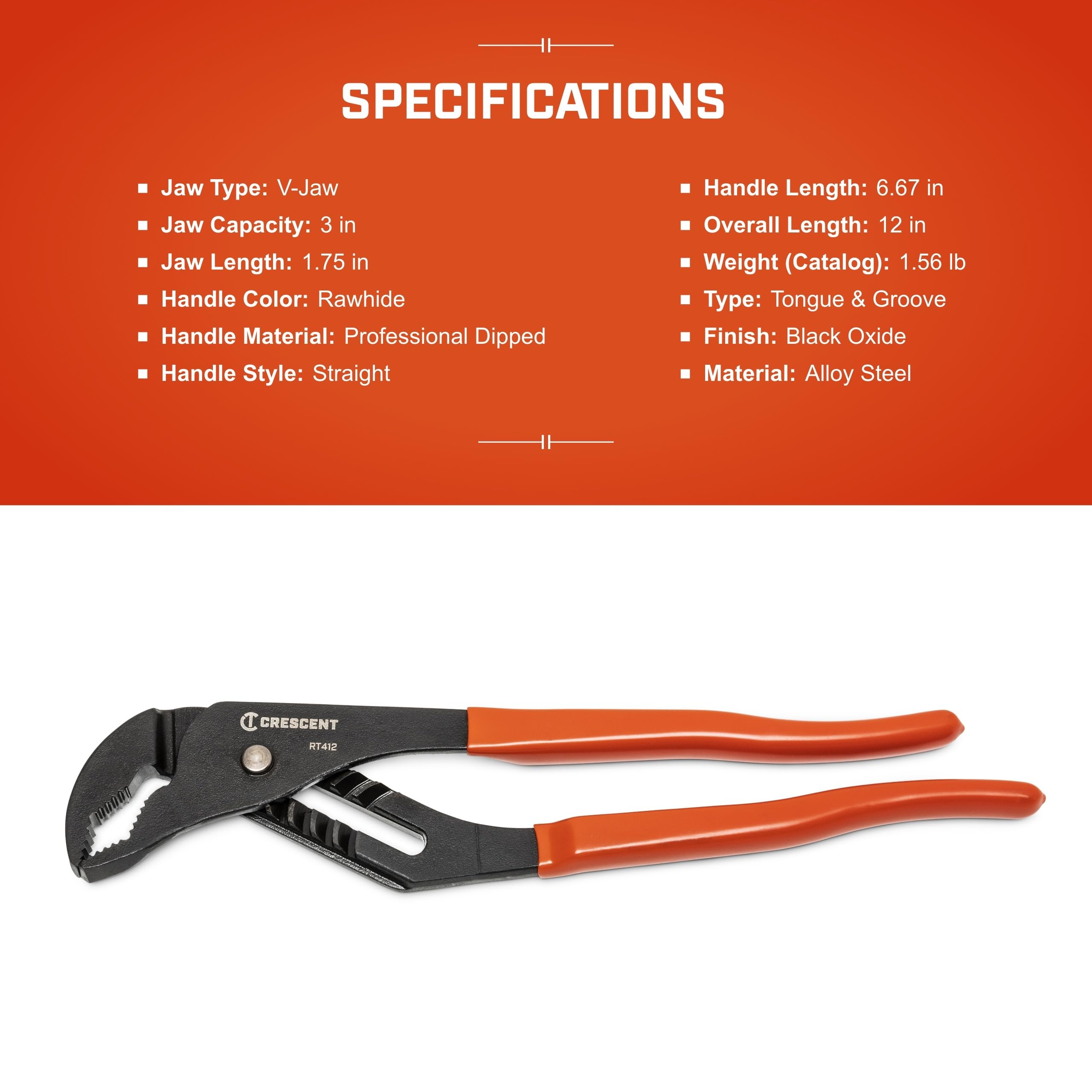 12" Crescent V-Jaw Dipped Handle Tongue and Groove Pliers - RT412CVN-05