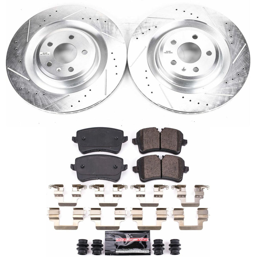 Power Stop K6287 Rear Brake Pads Z23 Carbon Fiber with Drilled & Slotted Brake Rotors Kit and 1 Rear Sensor Wire For Audi S6 2013-2018, Audi S7 2013-2018 [Model Specific]