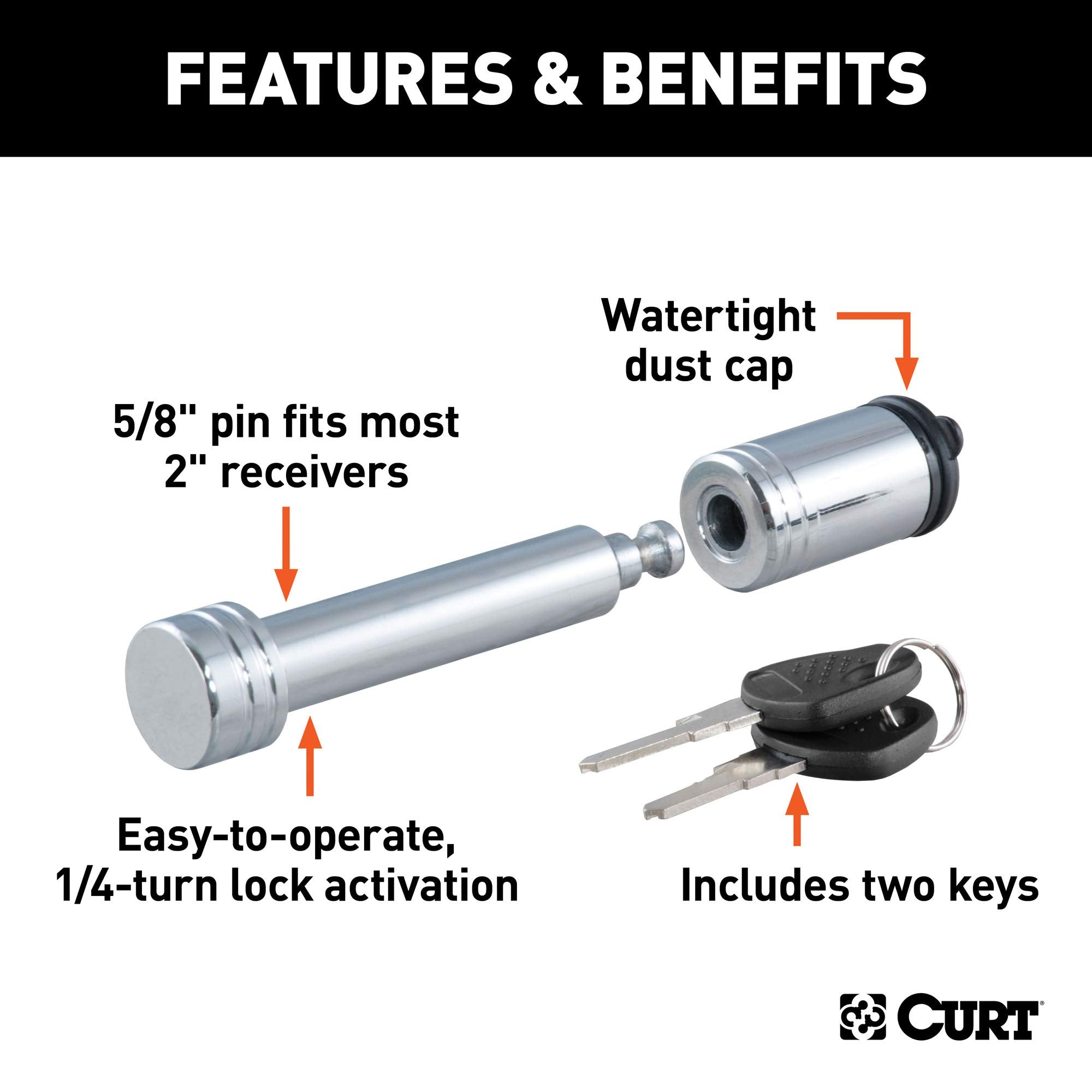 CURT Trailer Hitch Lock 23515, 5/8-Inch Pin Diameter, Fits 2-Inch Receiver