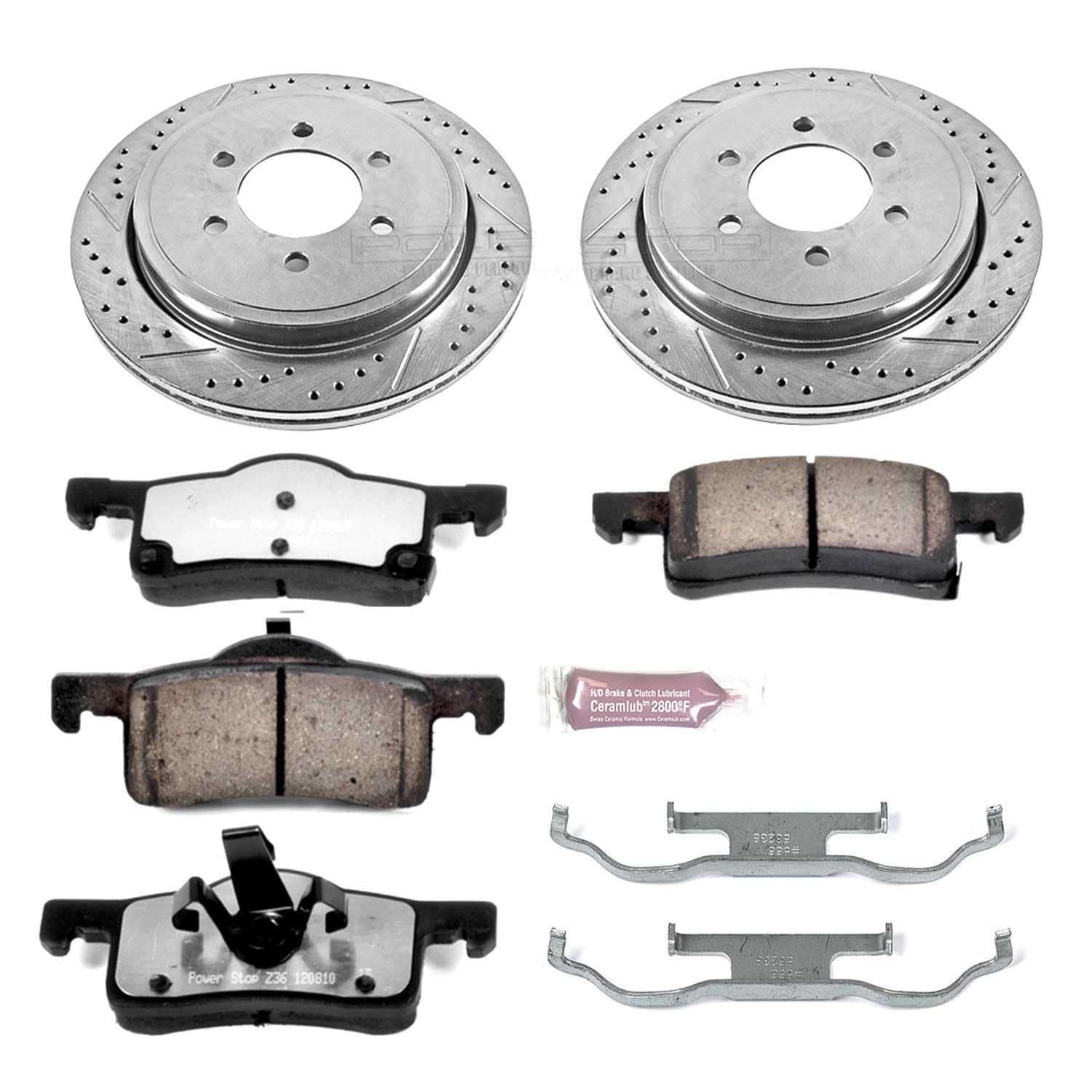 Rear Brake Kit Power Stop For 2002 2003 2004 2005 2006 Ford Expedition - Truck & Tow Carbon Fiber Ceramic Brake Pads & Drilled and Slotted Rotors Replacement, K1935-36