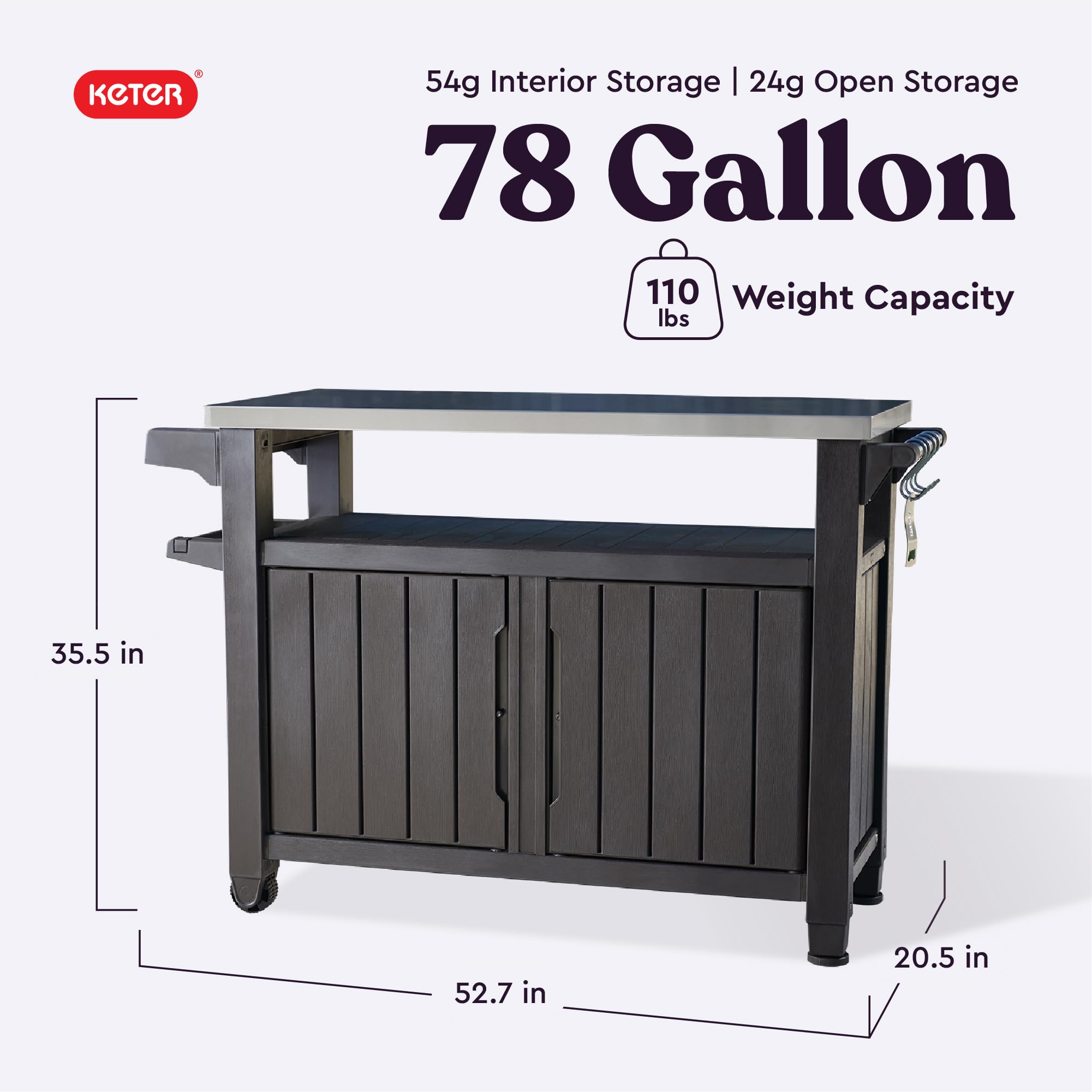 Keter Outdoor Rolling Table Cart for Food Prep, Storage, Dark Brown Bar & Grill - Portable Kitchen Island Tabletop with Wheels for Drinks, Snacks, and Cooking