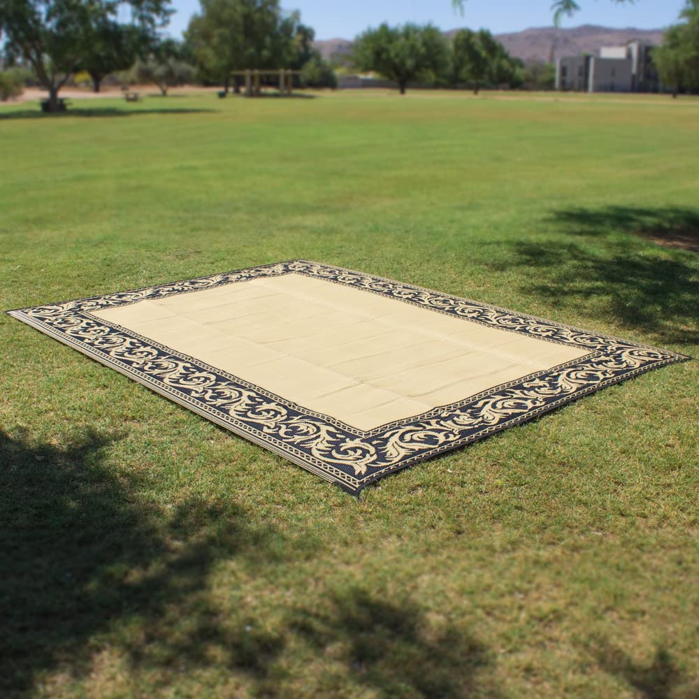 Ming's Mark RA1 Stylish Reversible Classical Camping Patio Mat - 9' x 12', Black/Beige