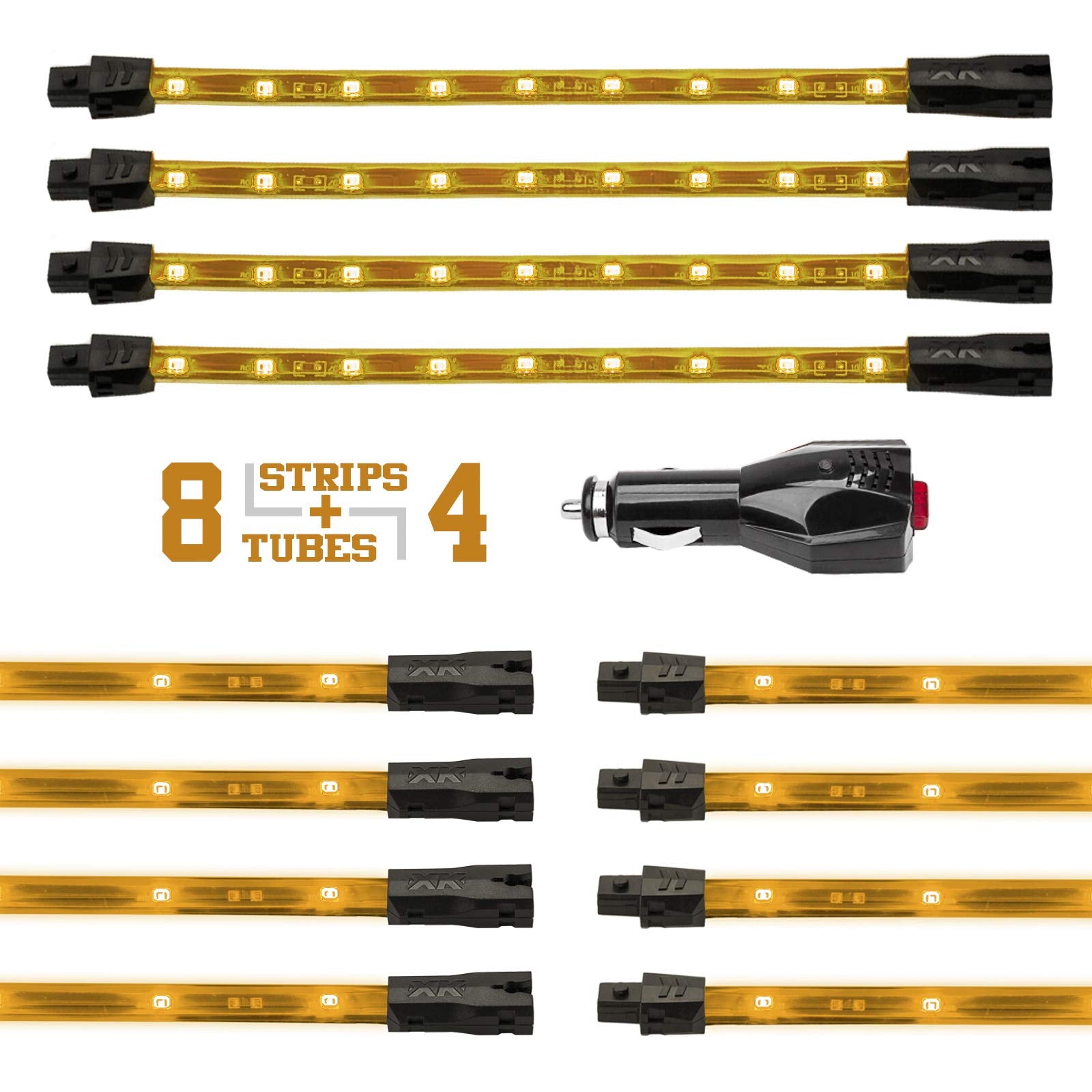 XKGLOW Amber XK041005-A - 8x24 Tube + 4x8 Strip Single Color UnderglowLED Accent Light Car/Truck Kit