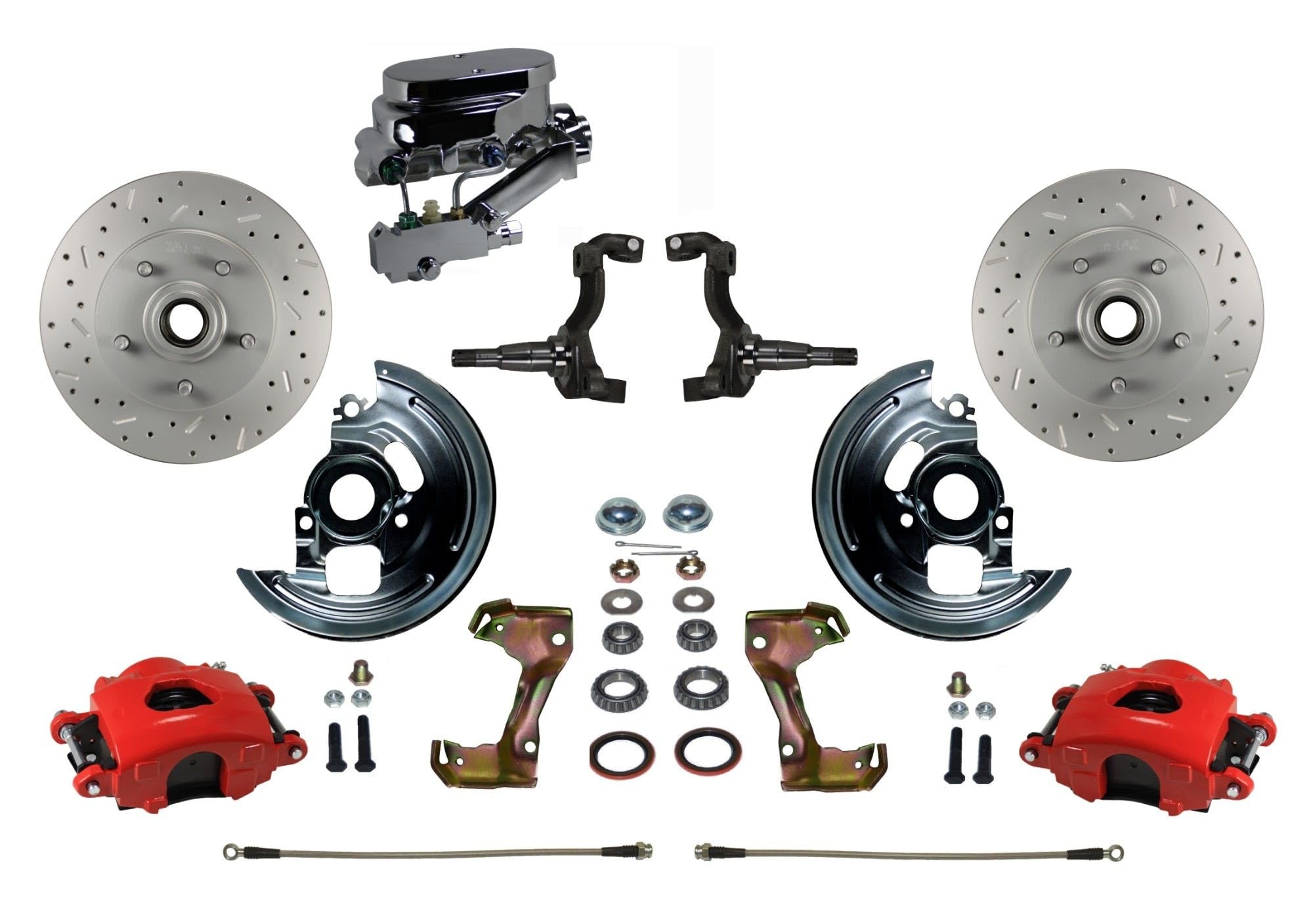 Maxgrip Xds Rotors Leed Brakes Manual Front Disc Brake Kit Red Powder Coated Calipers Chrome Aluminum M/C Disc/Disc