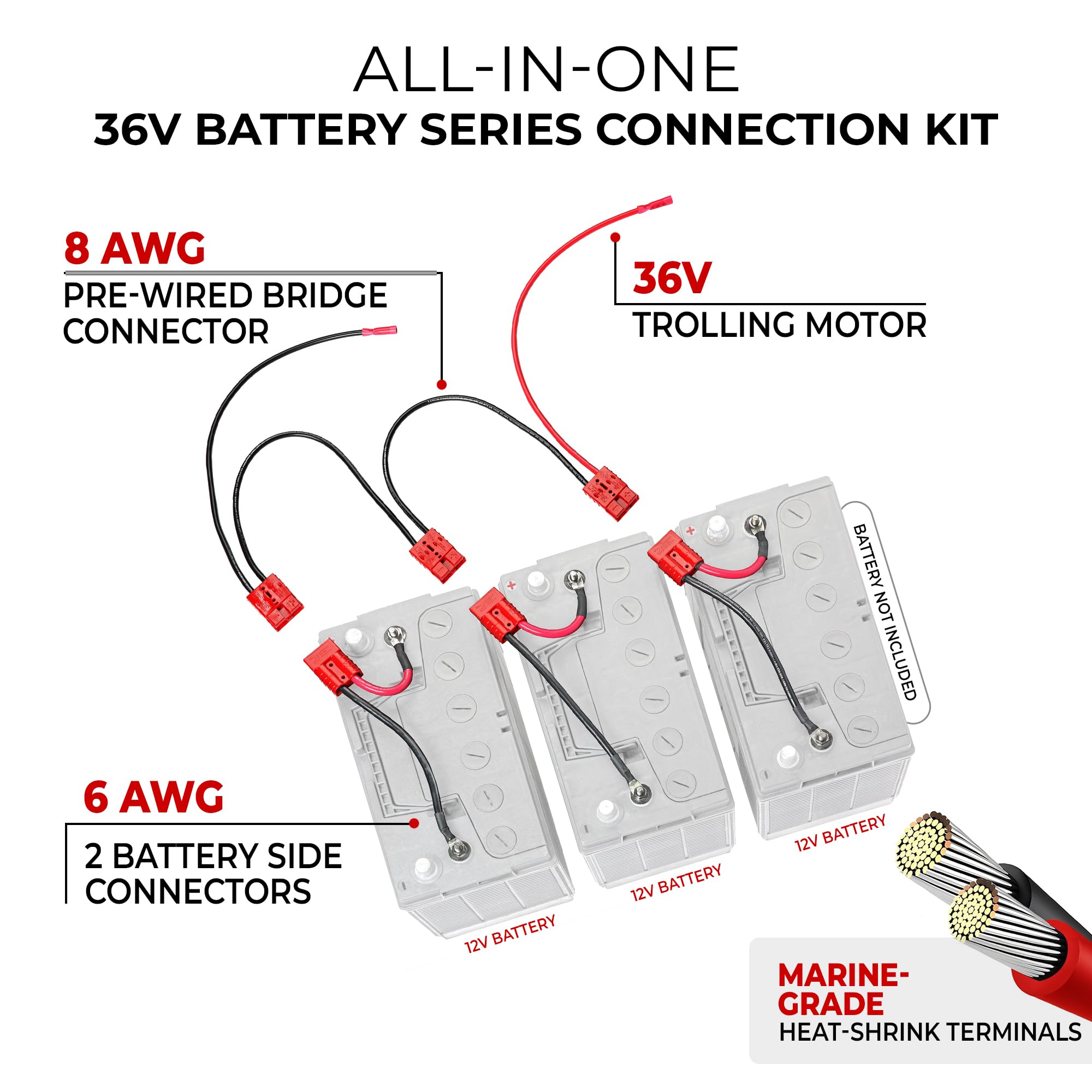 36V Connect-Ease Trolling Motor Quick Connect/Disconnect Kit RCE36VBK | Plug and Play Boat Wiring Kit for Three 12V Batteries in Series | 8 AWG Marine Grade Wire | Lithium Compatible