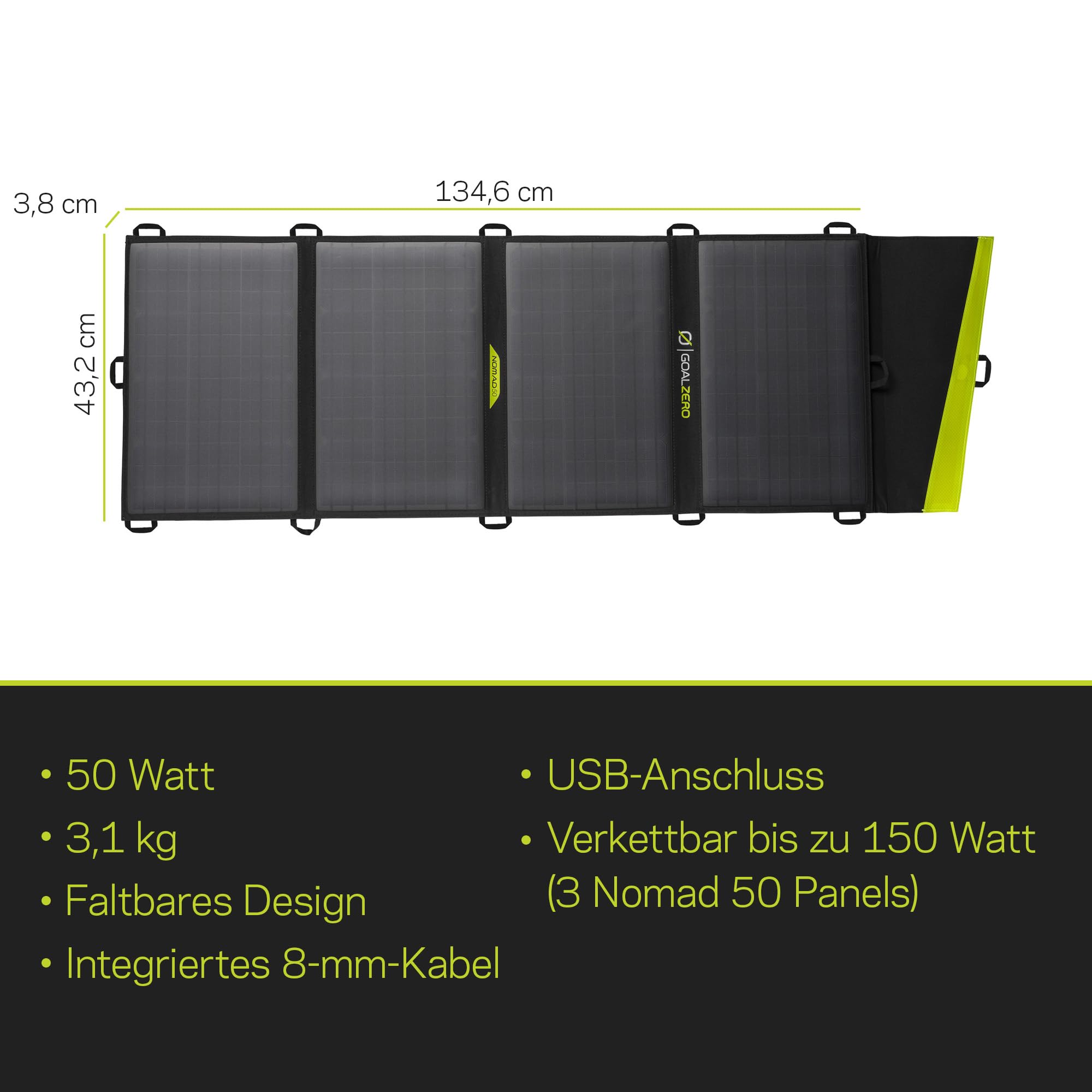 Goal Zero 50 Nomad, Foldable Monocrystalline 50 Watt Solar Panel with 8mm + USB Port, Portable Charger for Yeti Power Generator and Banks. Lightweight 18-22V 50W