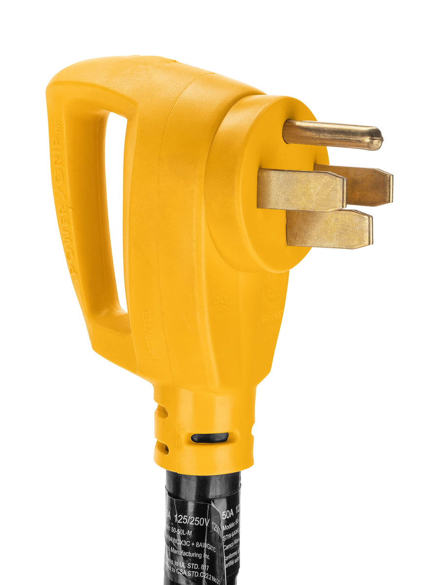 Power Grip Camco 25-Ft 50 Amp RV Extension Cord w/90° Locking End - Rated for 125/250V & 12,500W - Features Threaded Locking Ring for Weatherproof Connection & Coated w/Heat-Resilient PVC (55574)