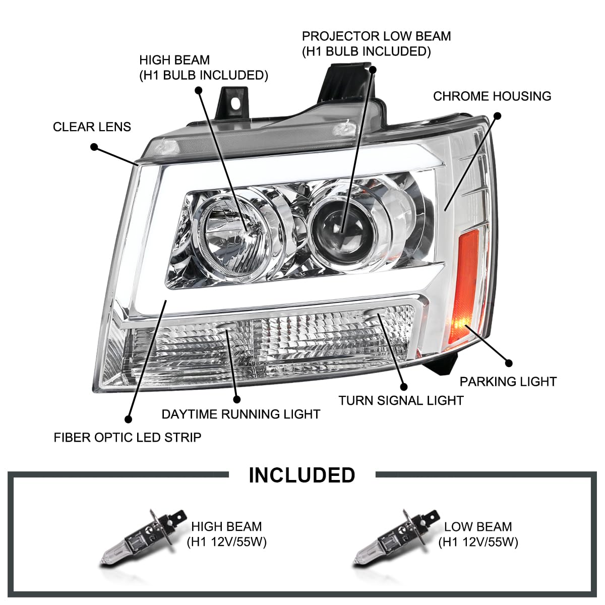 Chrome LED Bar Projector Headlights SPEC-D TUNING Compatible with 2007-2014 Chevy Avalanche, Tahoe, Suburban, Left + Right Pair Headlamps Assembly