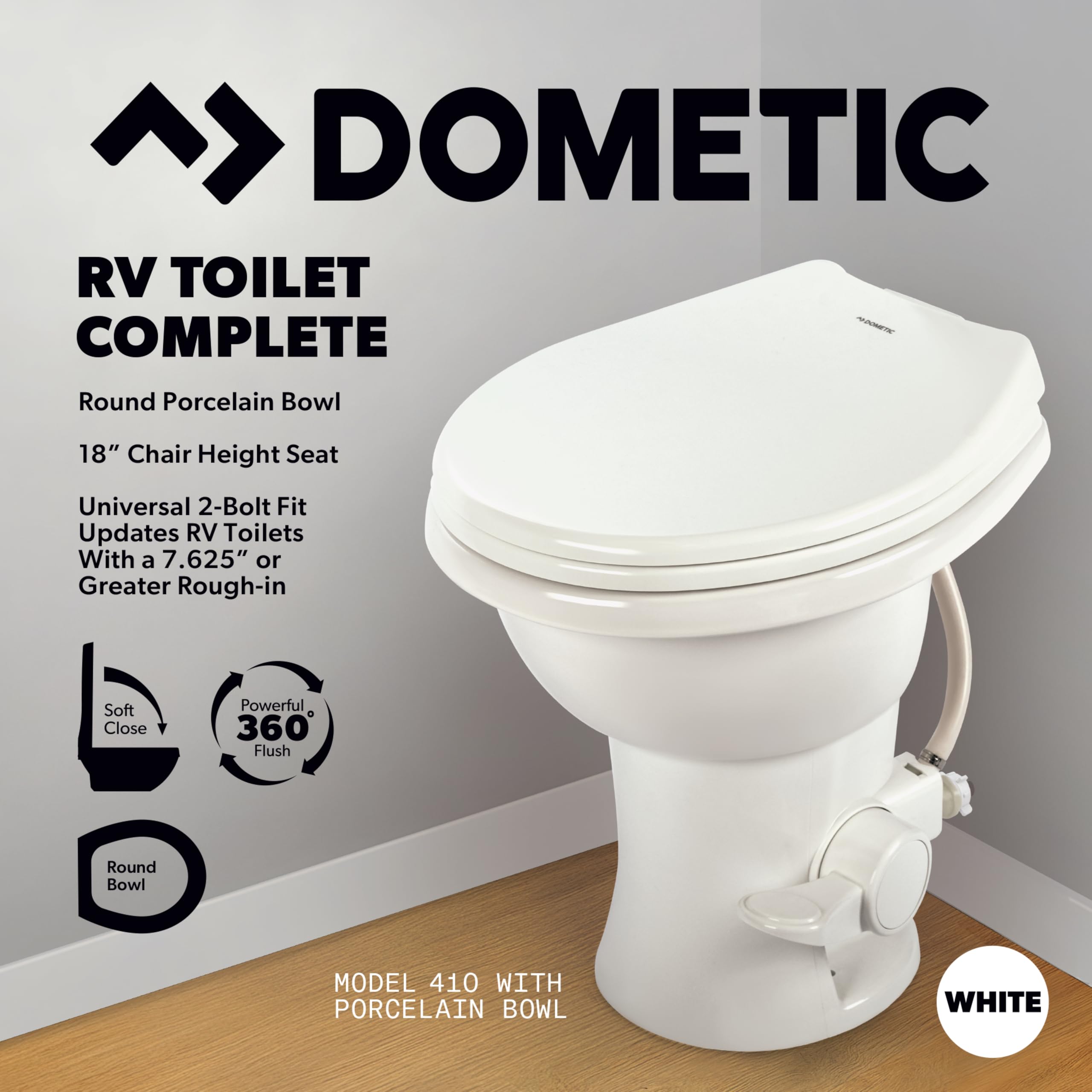 Dometic Complete RV Toilet Model 410 – Round Porcelain Bowl, Universal Fit & 2-Bolt Mount, 18" Chair Height Residential-Style, Gravity Flush Toilet with Soft-Close Seat, White (9610008259)