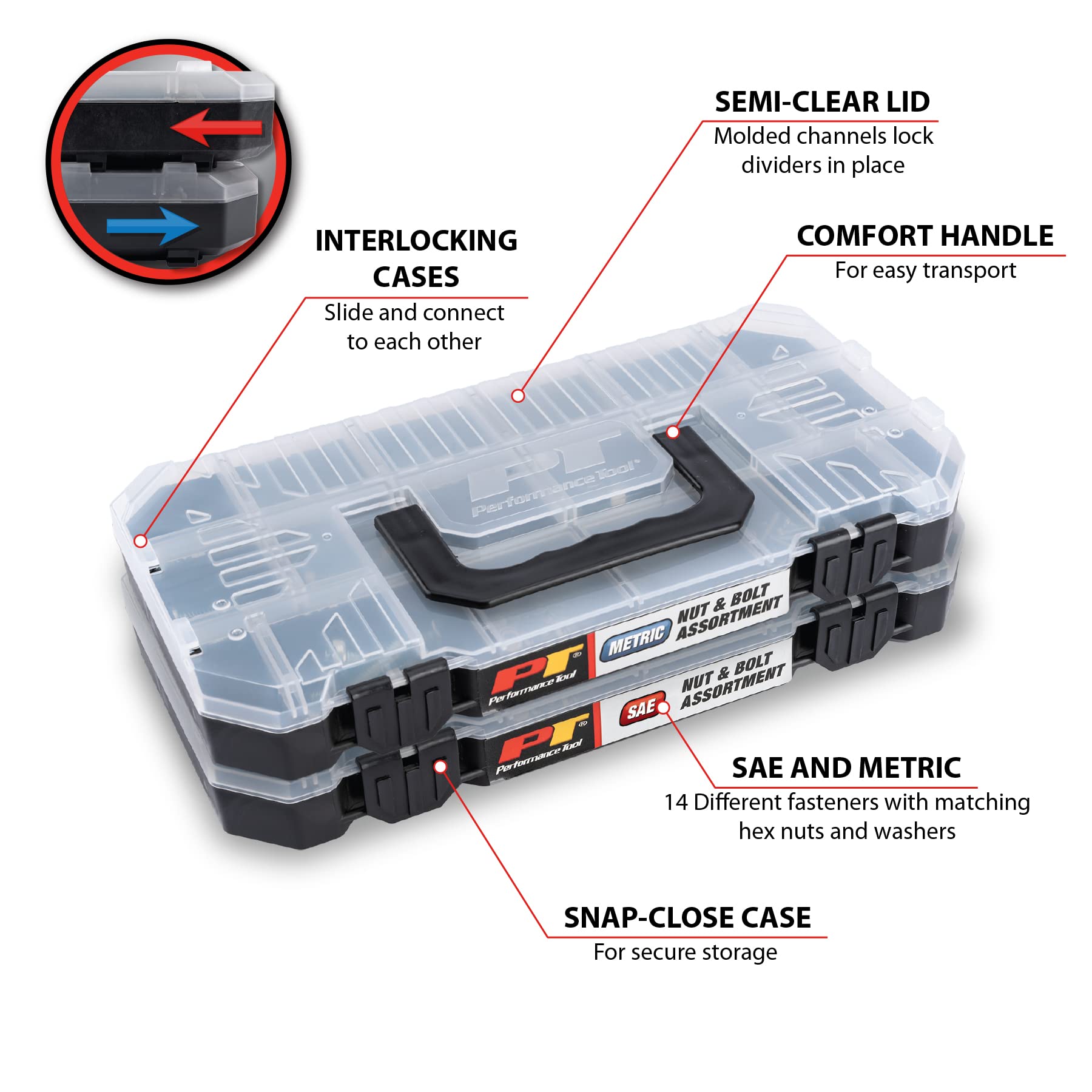 W5264 Performance Tool 740pc Hardware Assortment Kit with SEA & Metric Nuts, Bolts & Washers, Stacking Interlocking Clear Lid Bins for Maximum Portability, Black