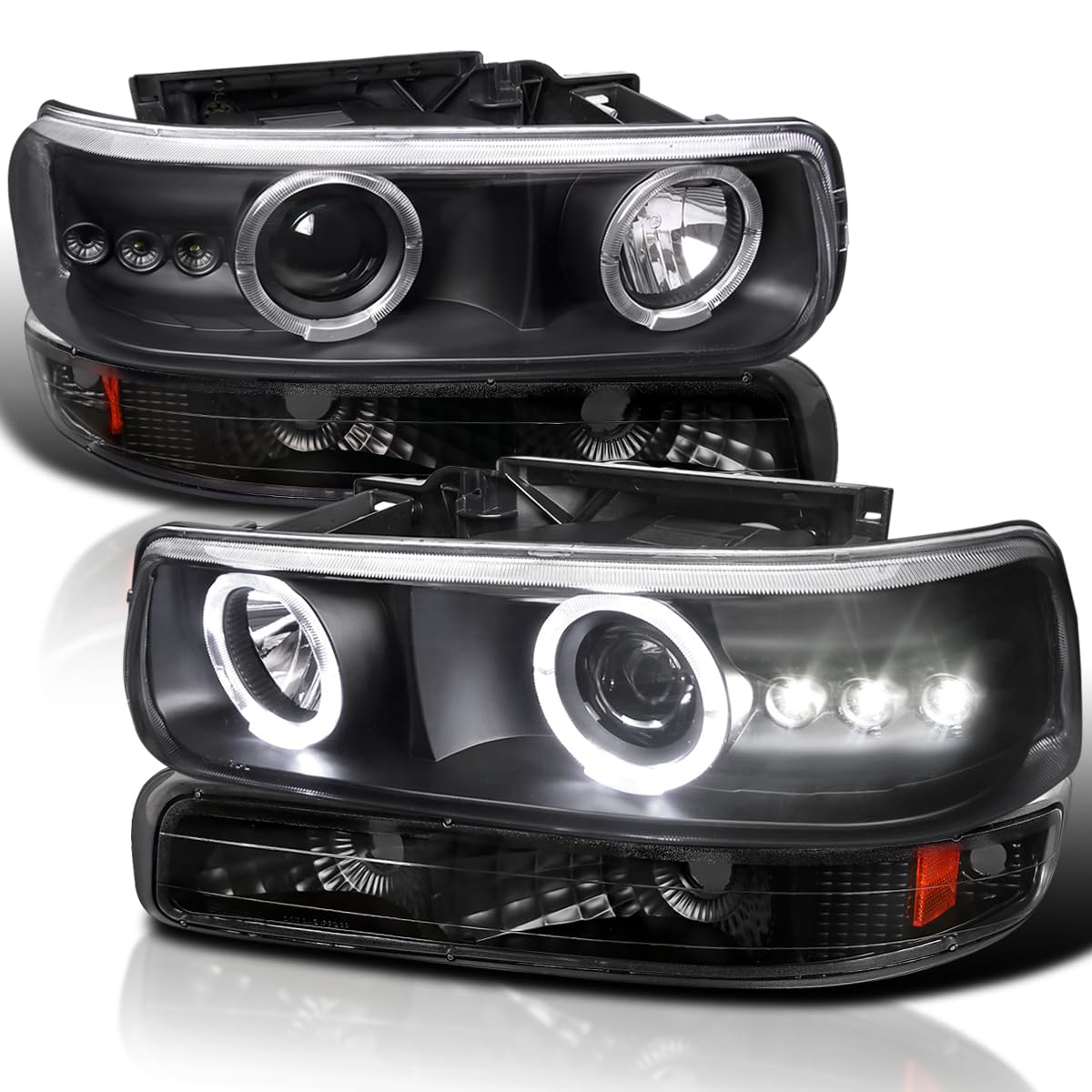 Black LED Halo Projector Headlights + Bumper Lights SPEC-D TUNING Compatible with 1999-2002 Chevy Silverado 2000-2006 Tahoe, Left + Right Pair Headlamps Assembly