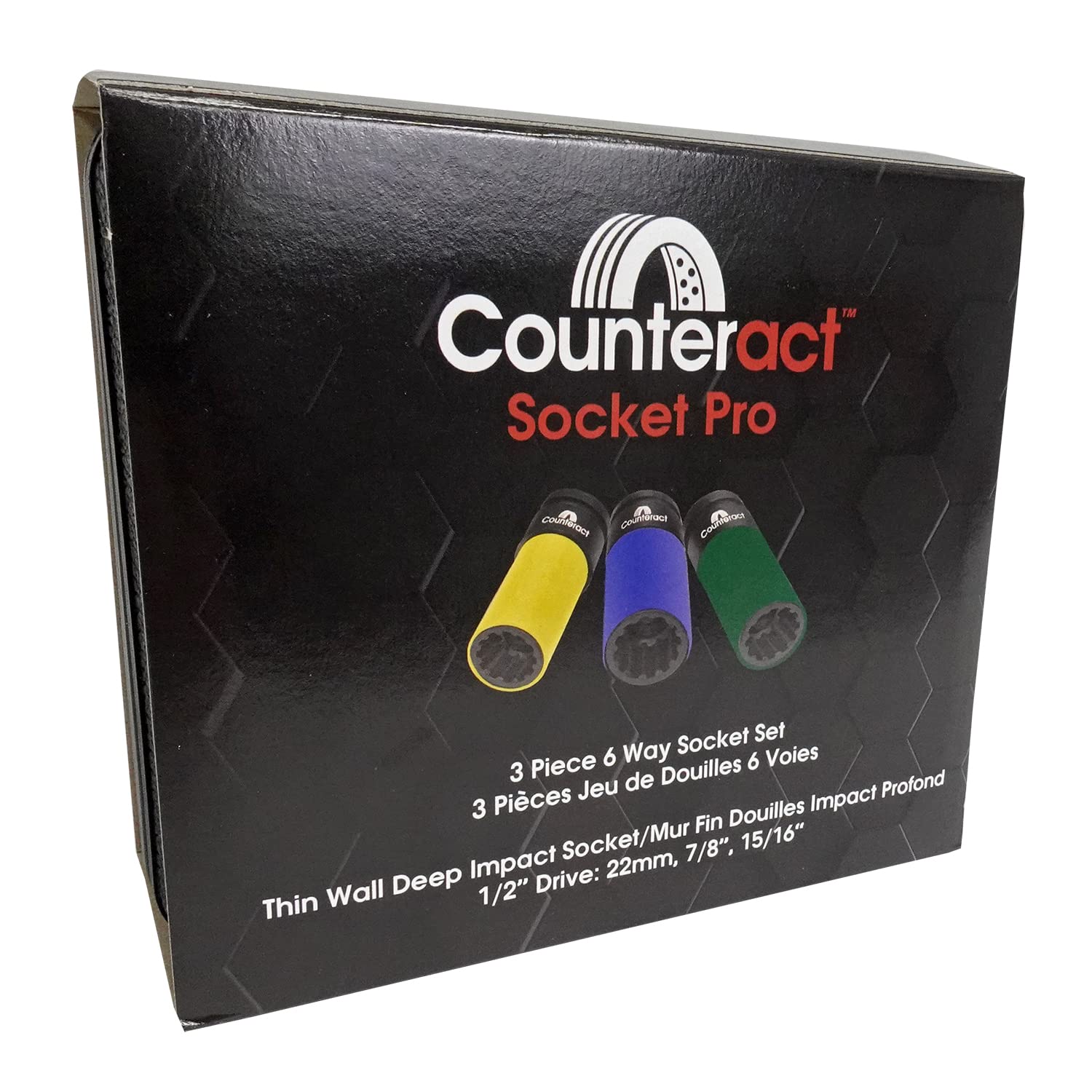 6 Way Socket Pro – Counteract 3pc Set - 22mm, 7/8", 15/16"mm - 1/2" Drive