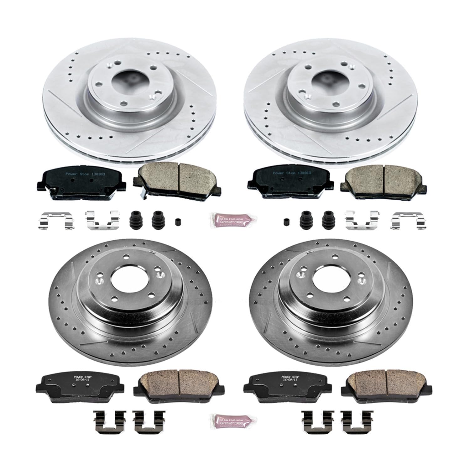 Power Stop K6170 Z23 Carbon Fiber Brake Pads Front and Rear with Drilled & Slotted Brake Rotors Kit For Hyundai Genesis Coupe 2010-2016 [Model Specific]
