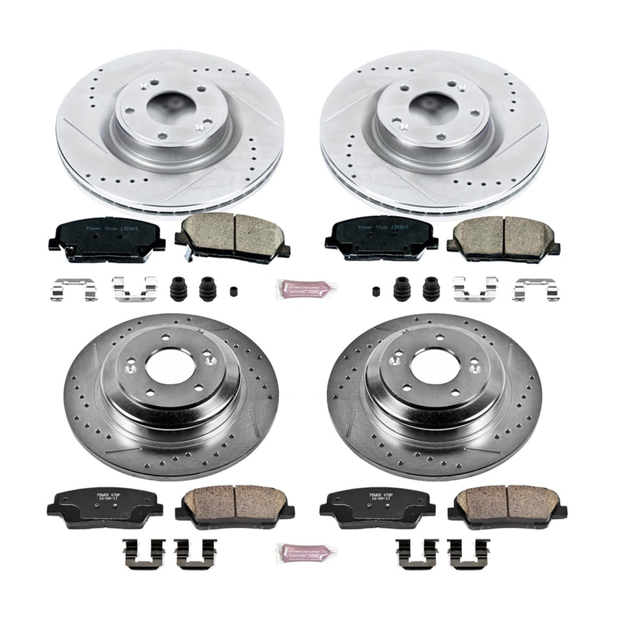 Power Stop K6170 Z23 Carbon Fiber Brake Pads Front and Rear with Drilled & Slotted Brake Rotors Kit For Hyundai Genesis Coupe 2010-2016 [Model Specific]