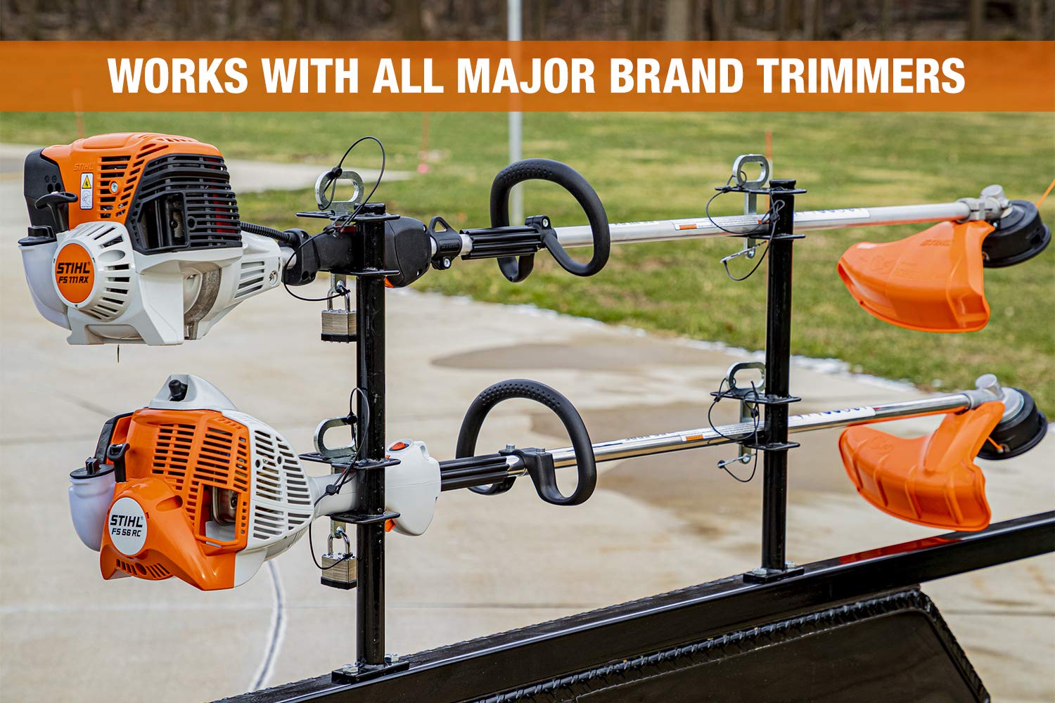 Buyers Products 2-Channel Landscape Trimmer Edger Locking Rack for Commercial Trailers & Trucks Holds 2 Yard Lawn Weed Whackers, Made in The USA, Lawn Care Equipment, Landscape Tools