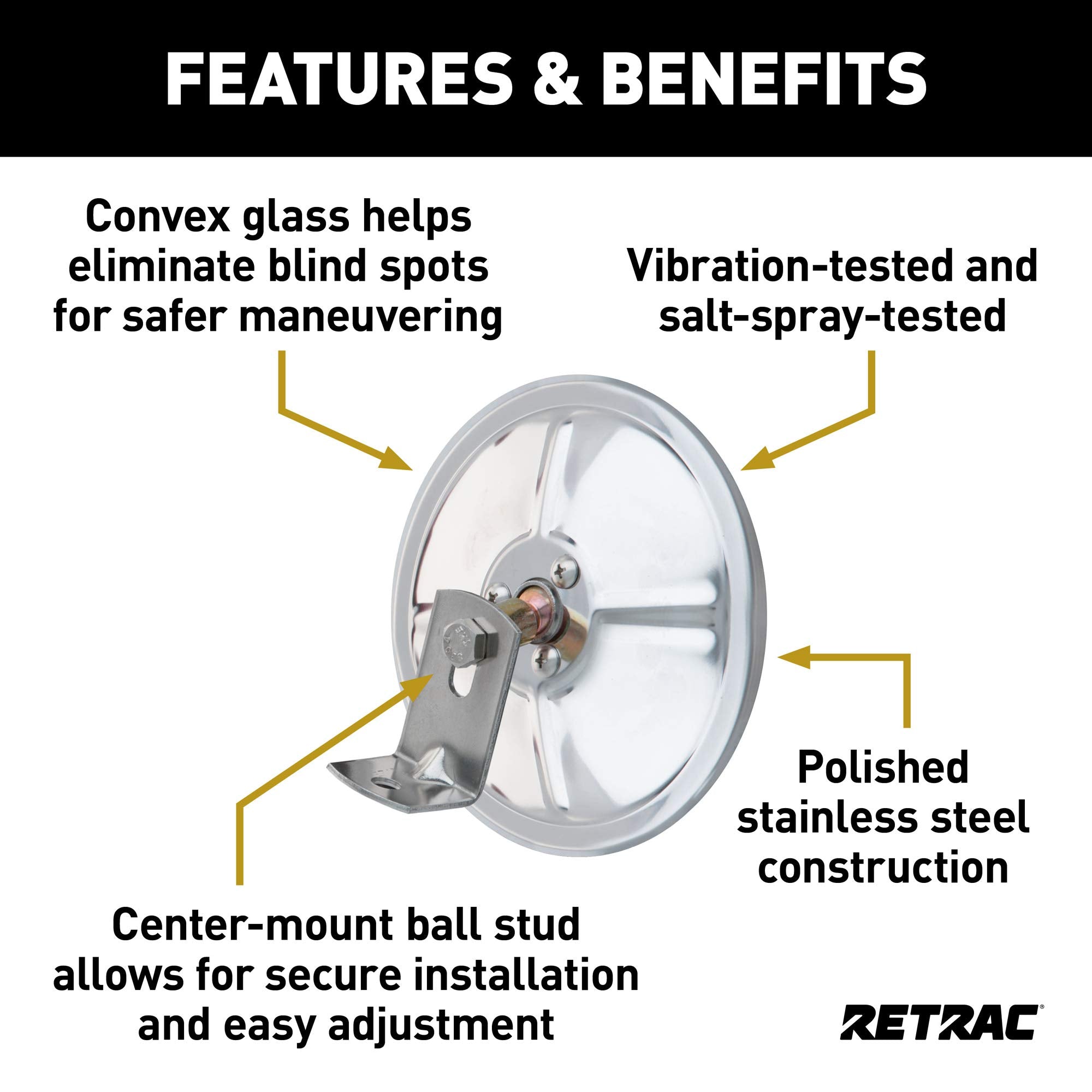 5-Inch Stainless Steel Center-Mount RETRAC Convex Mirror Head with J-Bracket, Universal Driver or Passenger Side