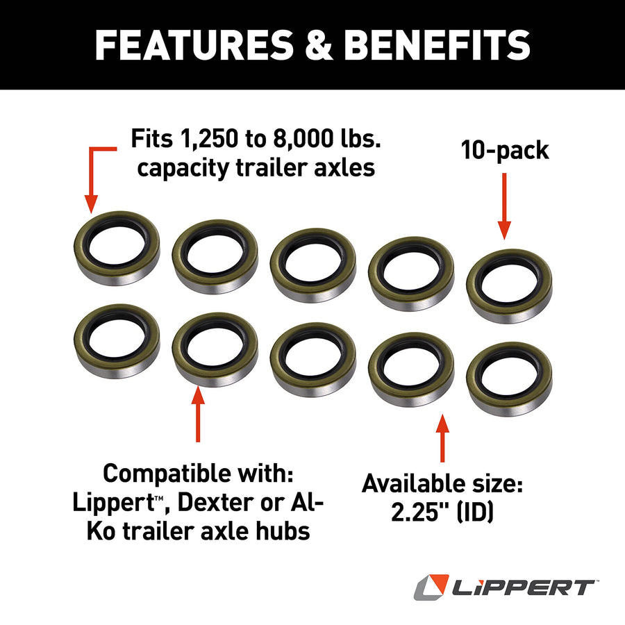 Lippert Double Lip Grease Seal Replacement for 1,250 to 8,000-lb. RV Trailer Axles, 2.25" Inner Diameter, 10-Pack - 122088