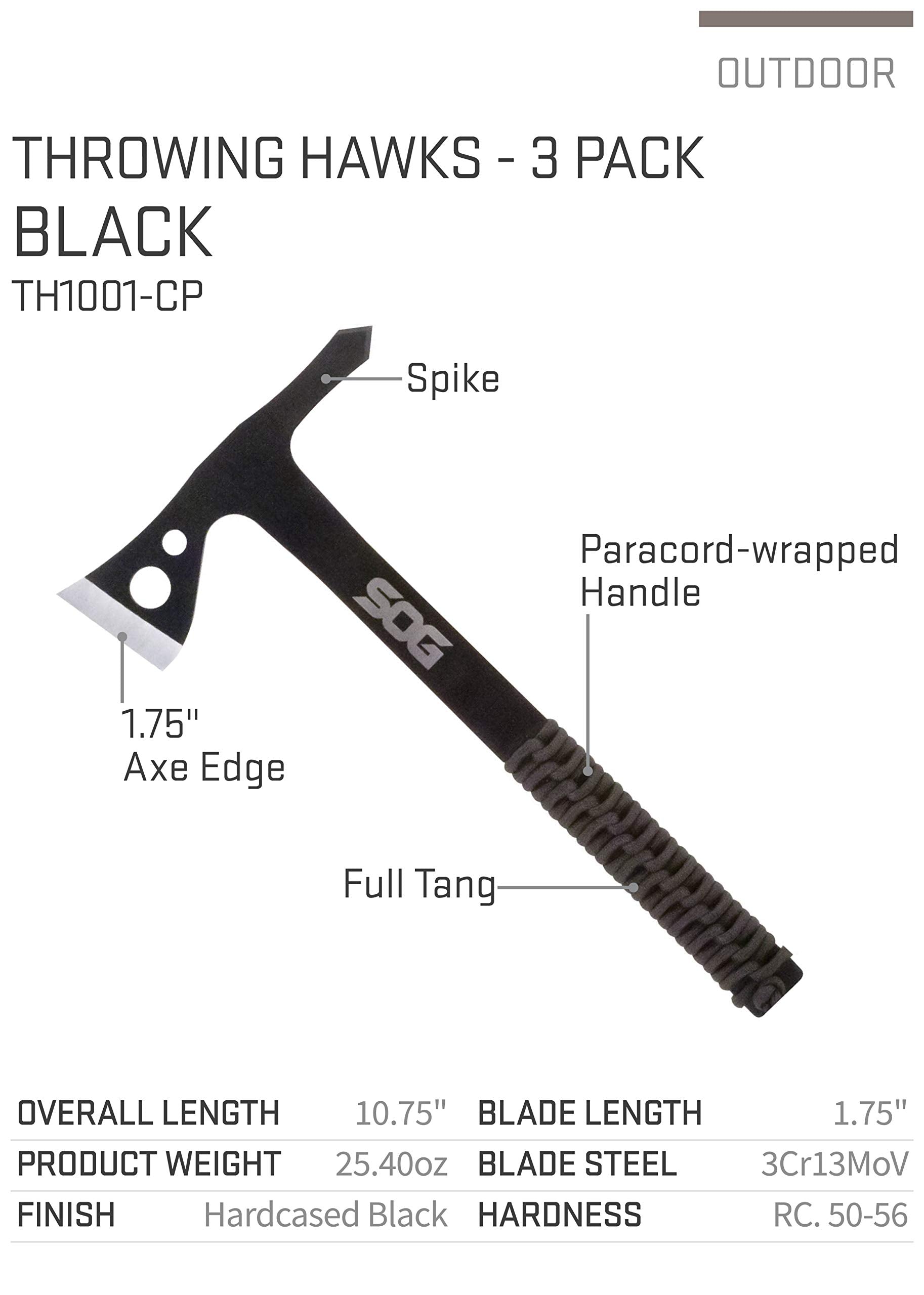 SOG Throwing Hawks Specialty Knives & Tools - 3 Pack One Piece Steel Throwing Knives with Nylon Sheath Carrying Case, 1.75 Inch Blade Field Tool with Paracord Wrapped Handles (TH1001-CP)