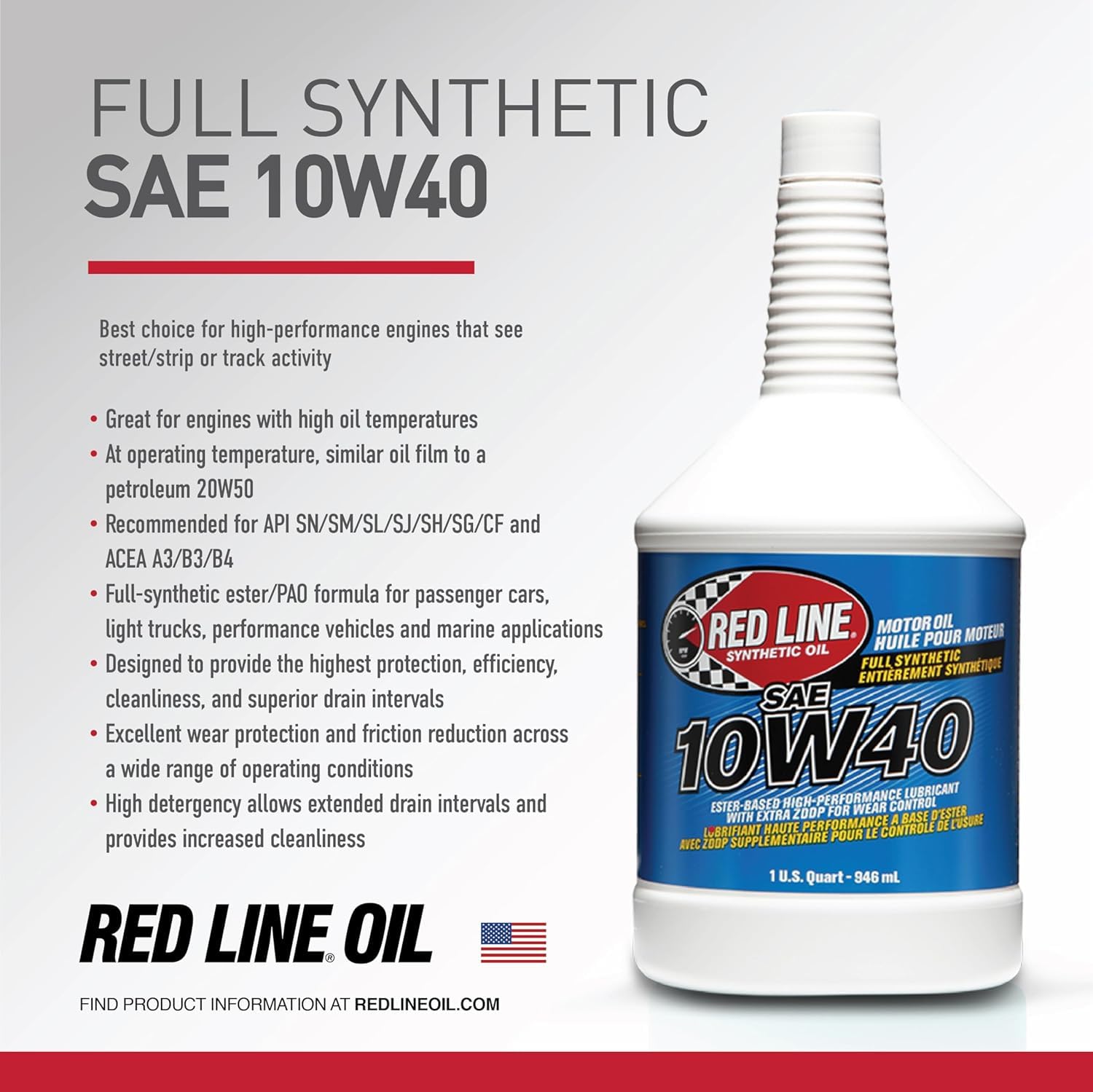 Red Line 10W40 SAE Fully Synthetic Motor Oil - 5 Gallon