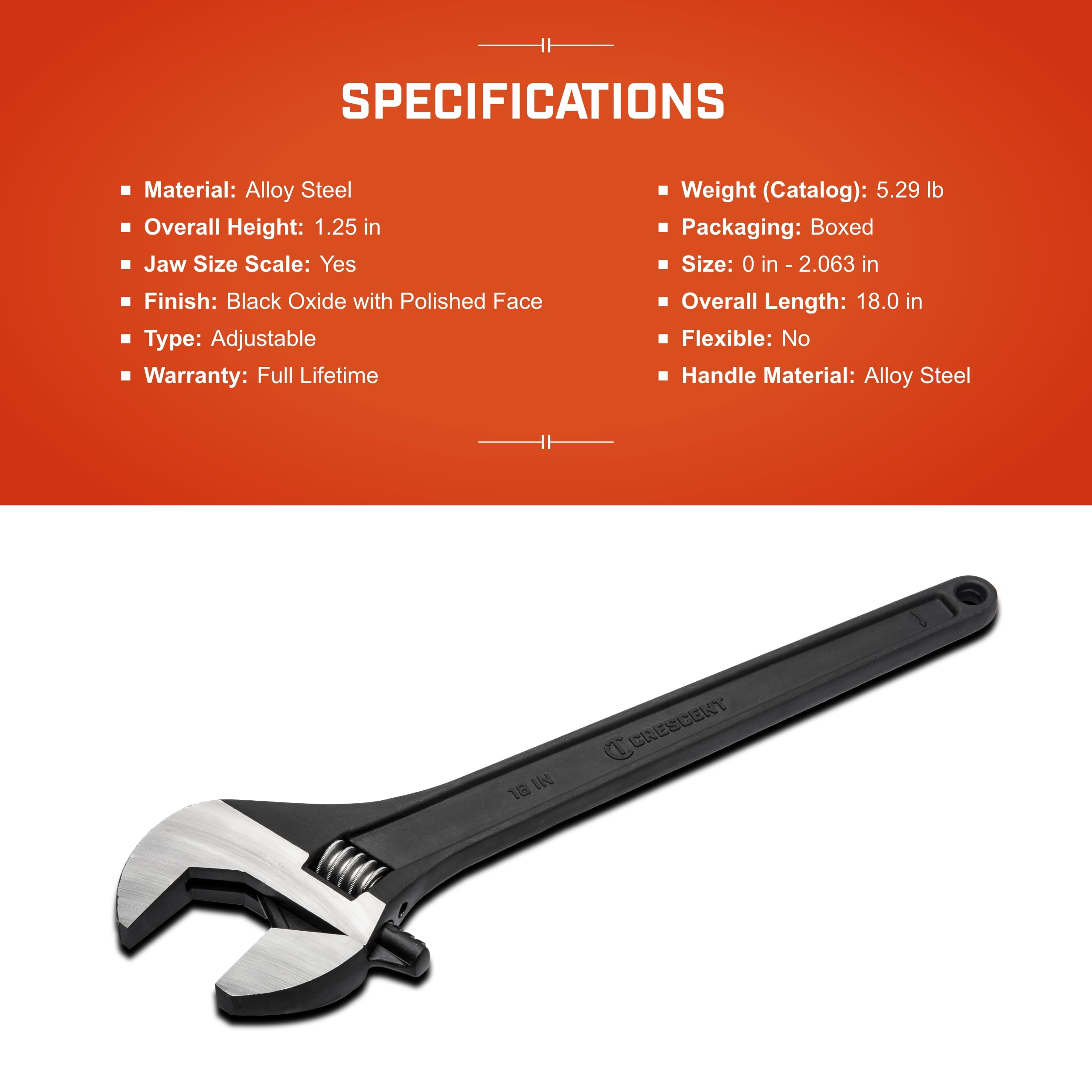 Adjustable Crescent Black Oxide Tapered Handle Wrench - Boxed - Home Improvement & Garage Hand Tool - 18" - AT218BK