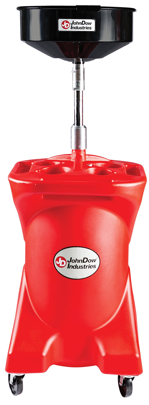 JDI-27GFD JohnDow Industries 27 Gallon Pump Assist Portable Oil Drain, 16 inch Diameter Centered Funnel, Adjustable Funnel Height of 45 in. to 70 in. With Molded in Tool Tray for Oil Filters and Tools