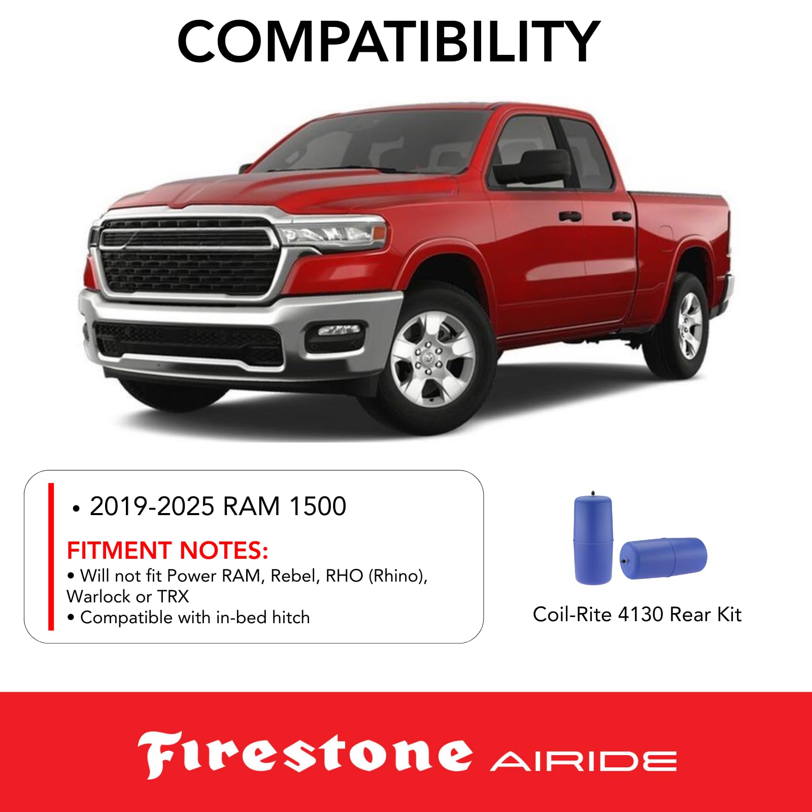 Firestone 4130 Coil-Rite Rear Air Springs Kit fits 2019-2025 Ram 1500 | 5-70 PSI | No Drill Installation | Made of Durable Elastic Polyurethane | Controls Air Pressure