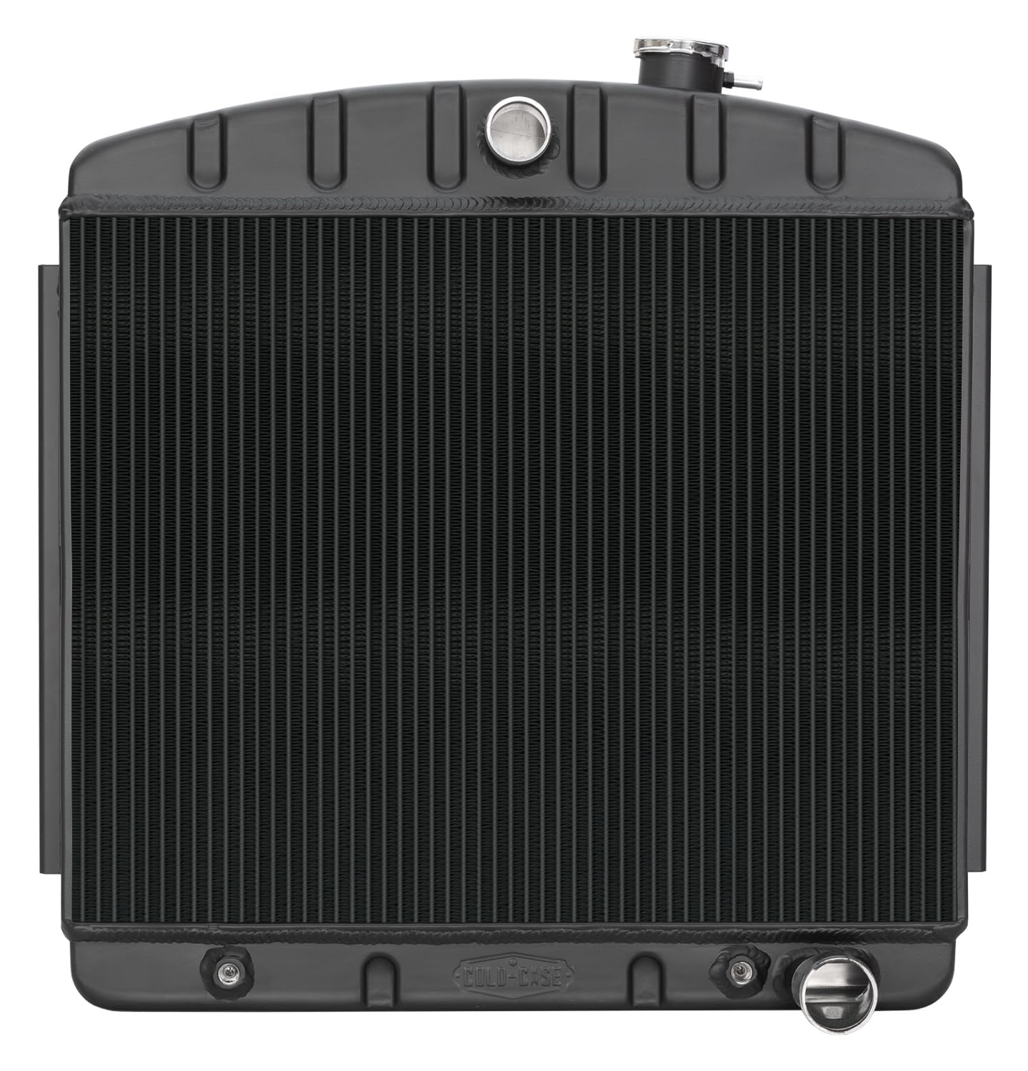 Cold Case Radiator, Black Night Rider Series Radiator, Center Inlet, Passenger Side Outlet, Aluminum, Black Paint, Chevy V8, compatible with Chevy Fullsize Car 1955-57, Each