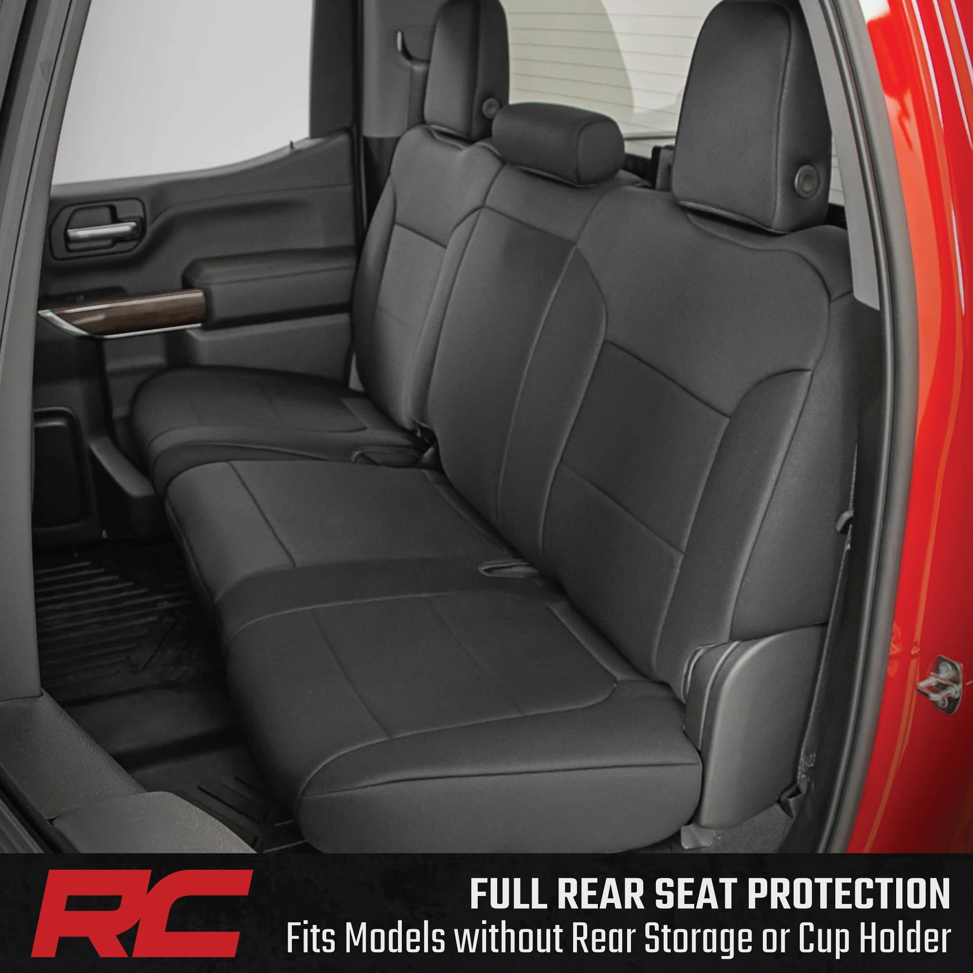 Rough Country Neoprene Seat Covers for GMC Sierra & Chevy Silverado 1500 (2019-2026) w/No Rear Seat Storage or Cup Holder - Waterproof & UV Resistant, Foam Padded, Front & Rear Row Cover Set