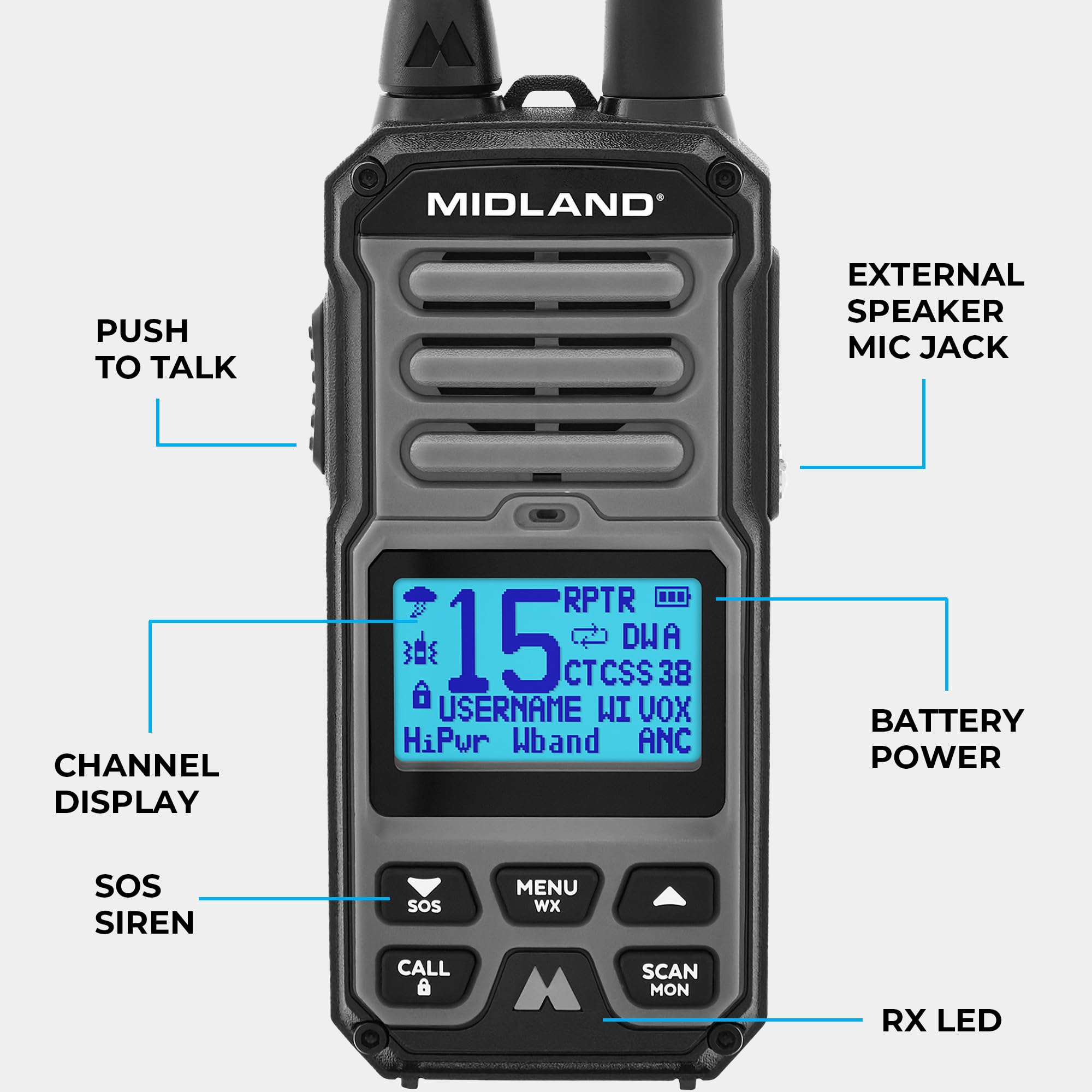 GXT67 Midland 5-Watt GMRS Two-Way Radio – Long Range Walkie Talkie for Overlanding, Jeep, & Off-Road – IP67 Waterproof, Repeater Capable, Rechargeable Battery, Hard Case Included (Black)