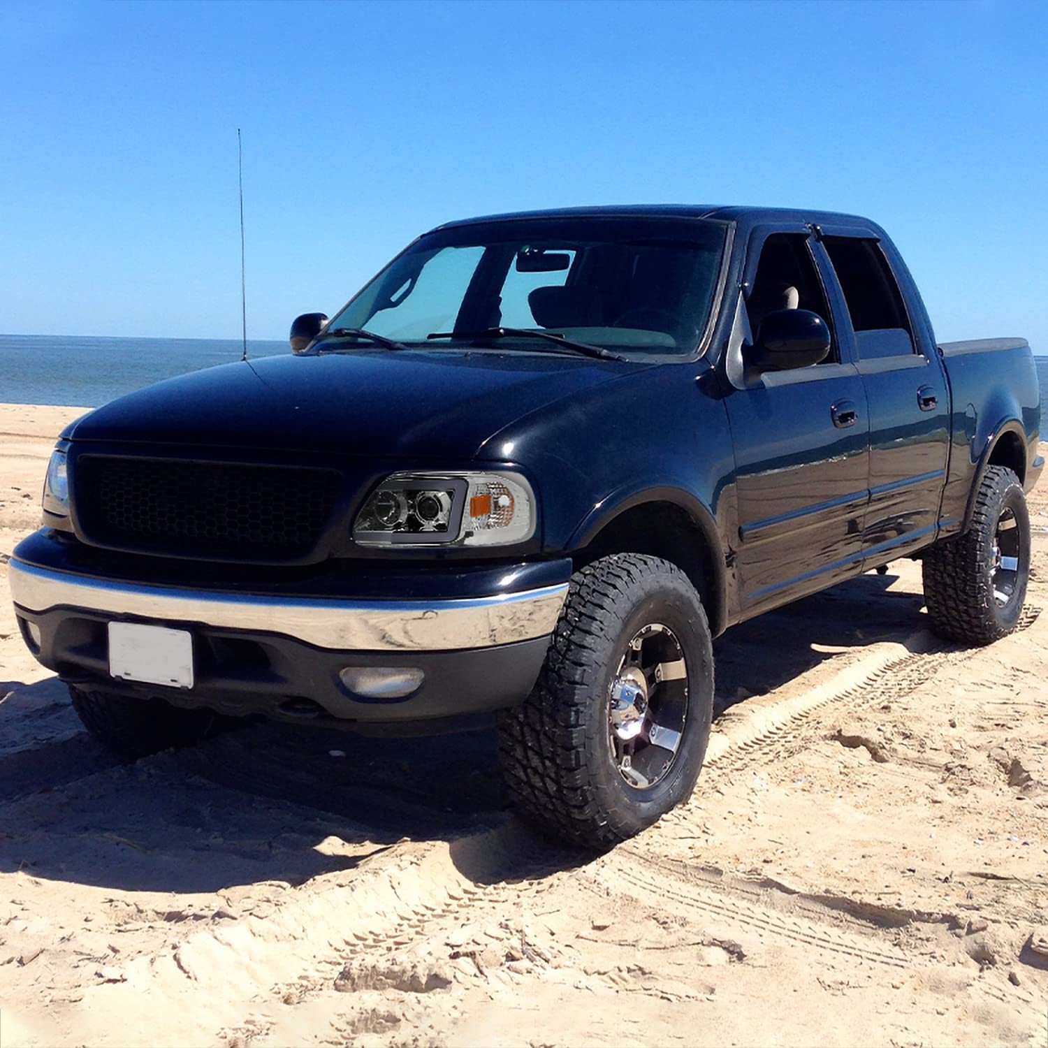 Chrome Projector Headlights SPEC-D TUNING w/LED Light Bar Compatible with 1997-2003 Ford F-150, 2004 Ford F-150 Heritage, Left + Right Pair Headlamps Assembly