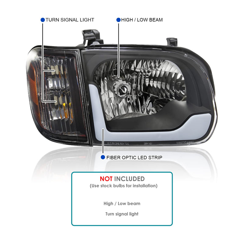 Black LED Tube Headlights + Corner Lights SPEC-D TUNING Compatible with 2005-2006 Toyota Tundra, Left + Right Pair Headlamps Assembly