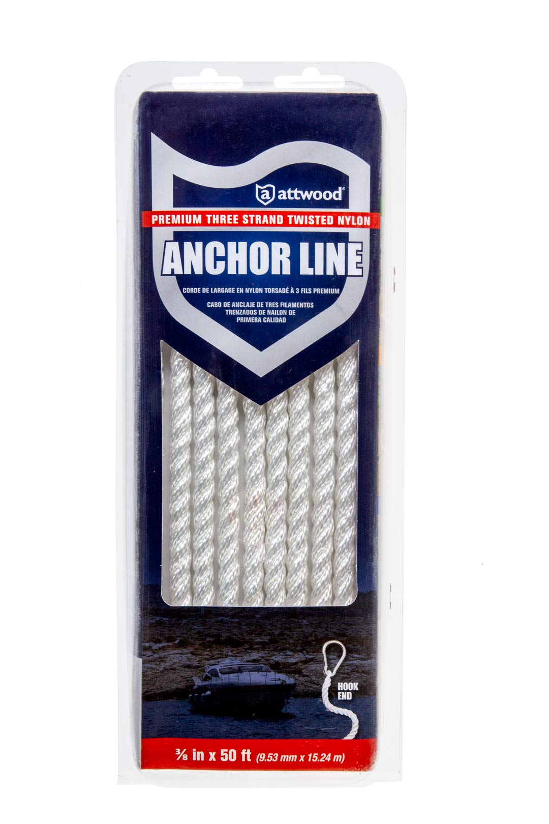 Premium Nylon Anchor Line Attwood 11707-7, Twisted Nylon Line With Hook, 3/8-Inch Thick, 50 Feet Long, White