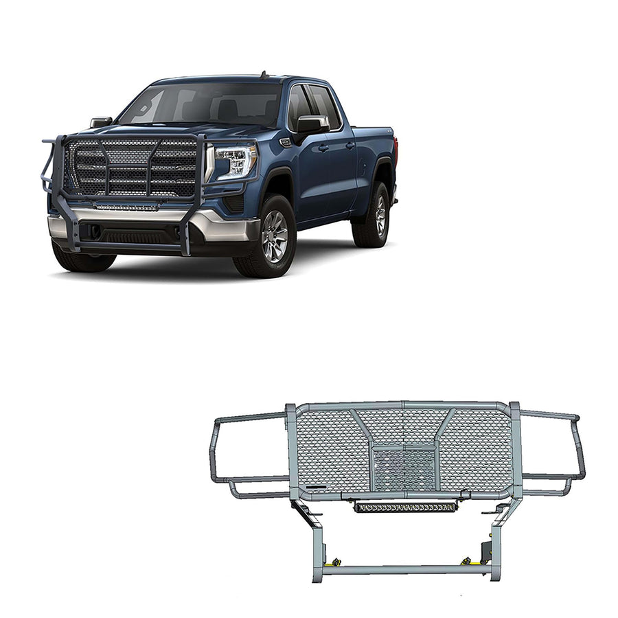Heavy Duty Black Horse RUGGED Grille Brush Bumper Guard Modular Black Come With Single Row LED Light Compatible with 2020-2023 GMC Sierra 2500 HD|2020-2023 GMC Sierra 3500 HD-RU-GMSI20-B-K2