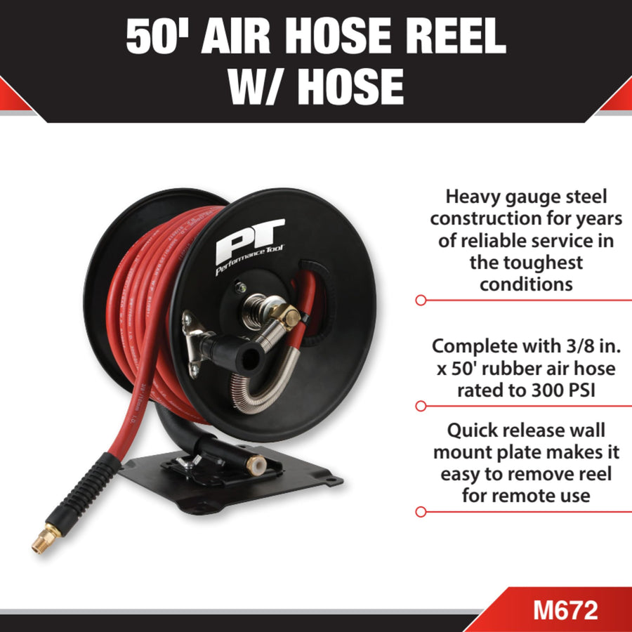 Quick Mount Performance Tool M672 Hand Crank Air Hose Reel (3/8-Inch Air Hose x 50 ft. Capacity, Hose Included)