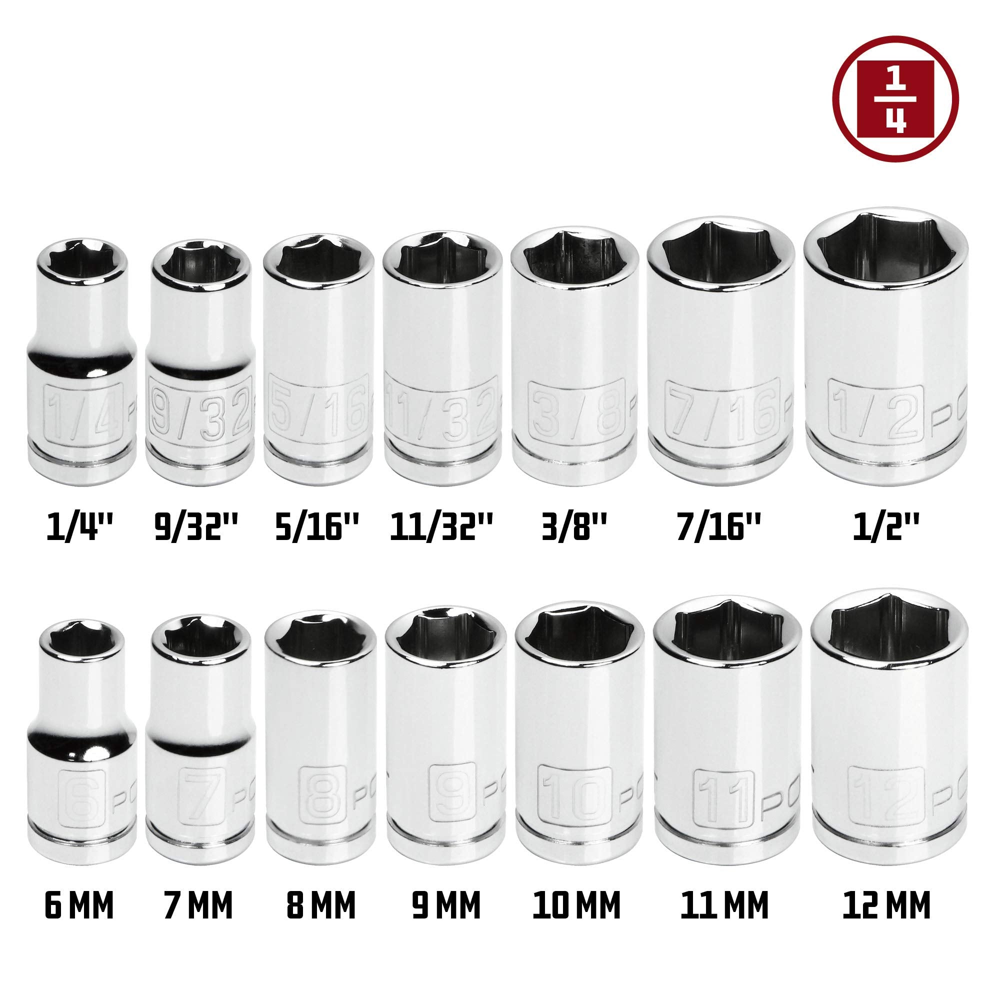 Powerbuilt 14 Piece Shallow Socket Set Metric and SAE, 1/4-Inch Drive, 6 Point, Dual Grease Rings, Size Markings - 640087