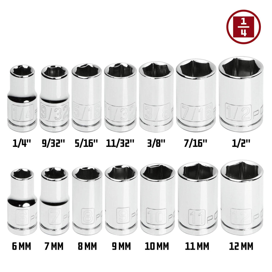 Powerbuilt 14 Piece Shallow Socket Set Metric and SAE, 1/4-Inch Drive, 6 Point, Dual Grease Rings, Size Markings - 640087