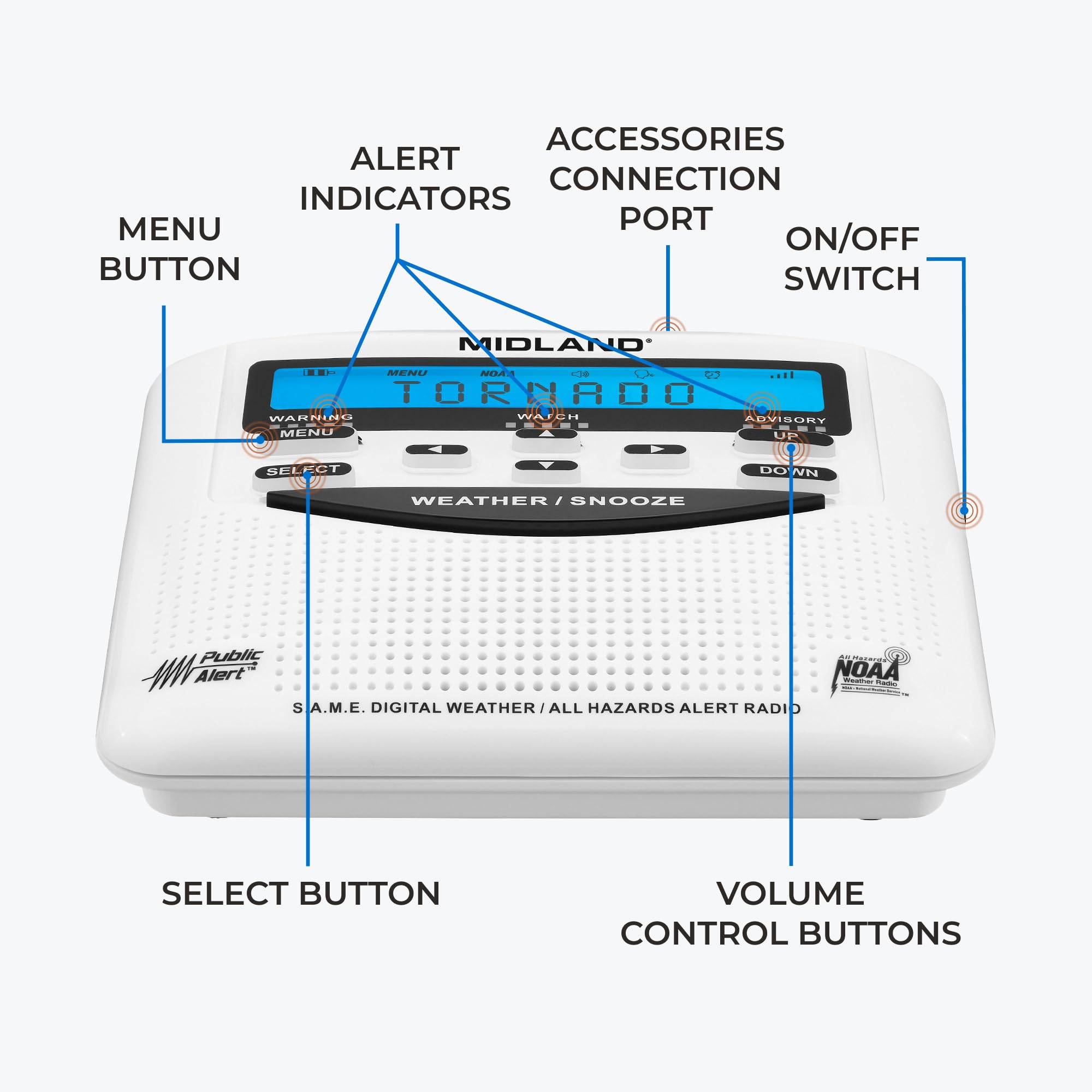 WR120B - Midland - NOAA Emergency Weather Alert Radio - Localized Programming, Trilingual Display, 60+ Emergency Alerts, Alarm, Selectable Alert Tone