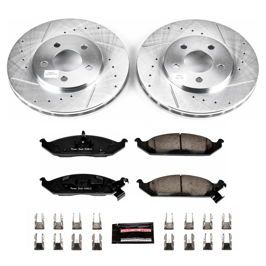 Power Stop K1676 Z23 Carbon Fiber Brake Pads with Drilled & Slotted Brake Rotors Kit For Chrysler Cirrus, Chrysler Sebring, Dodge Stratus, Plymouth Breeze [Model Specific]