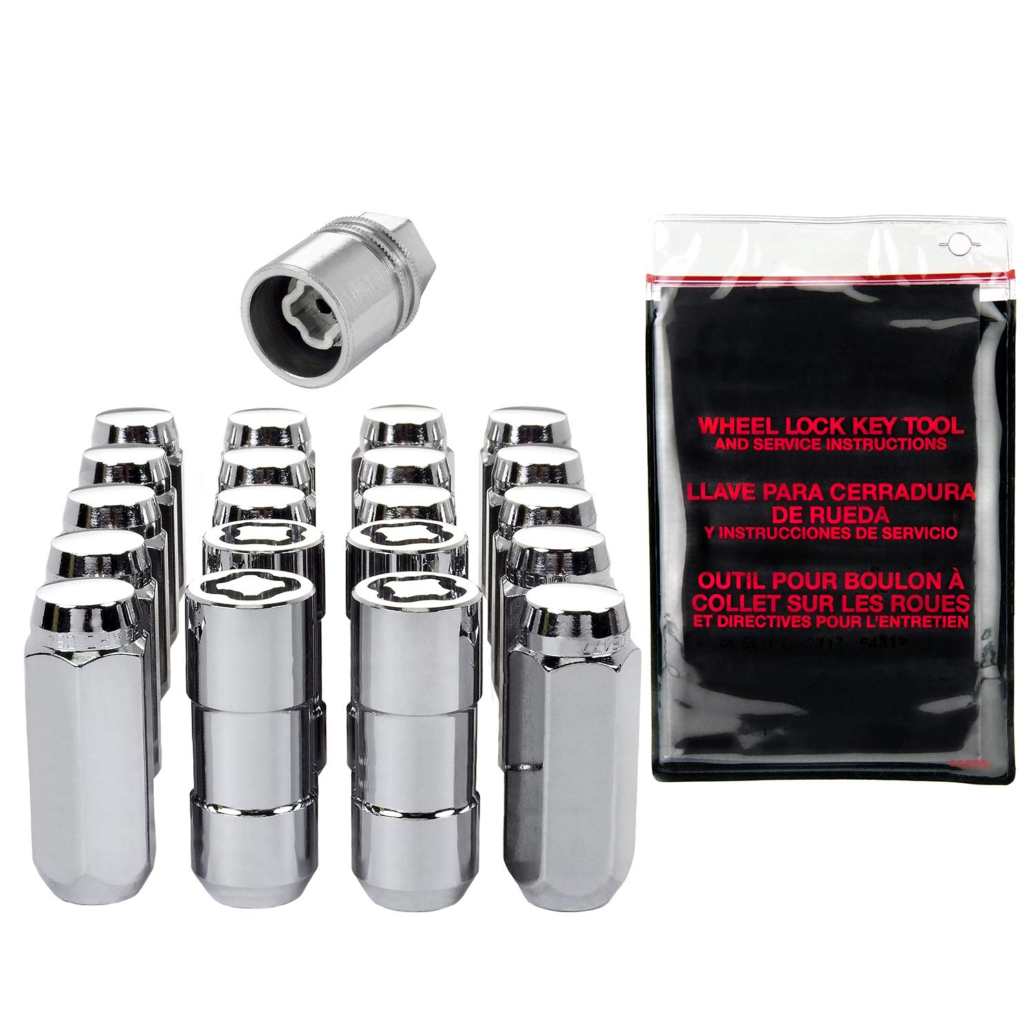 Chrome Cone Seat Wheel Installation Kit McGard 84505 (M14 x 2.0 Thread Size) - for 5 Lug Wheels, 16 Lug Nuts / 4 Locks / 1 Key / 1 Storage Pouch